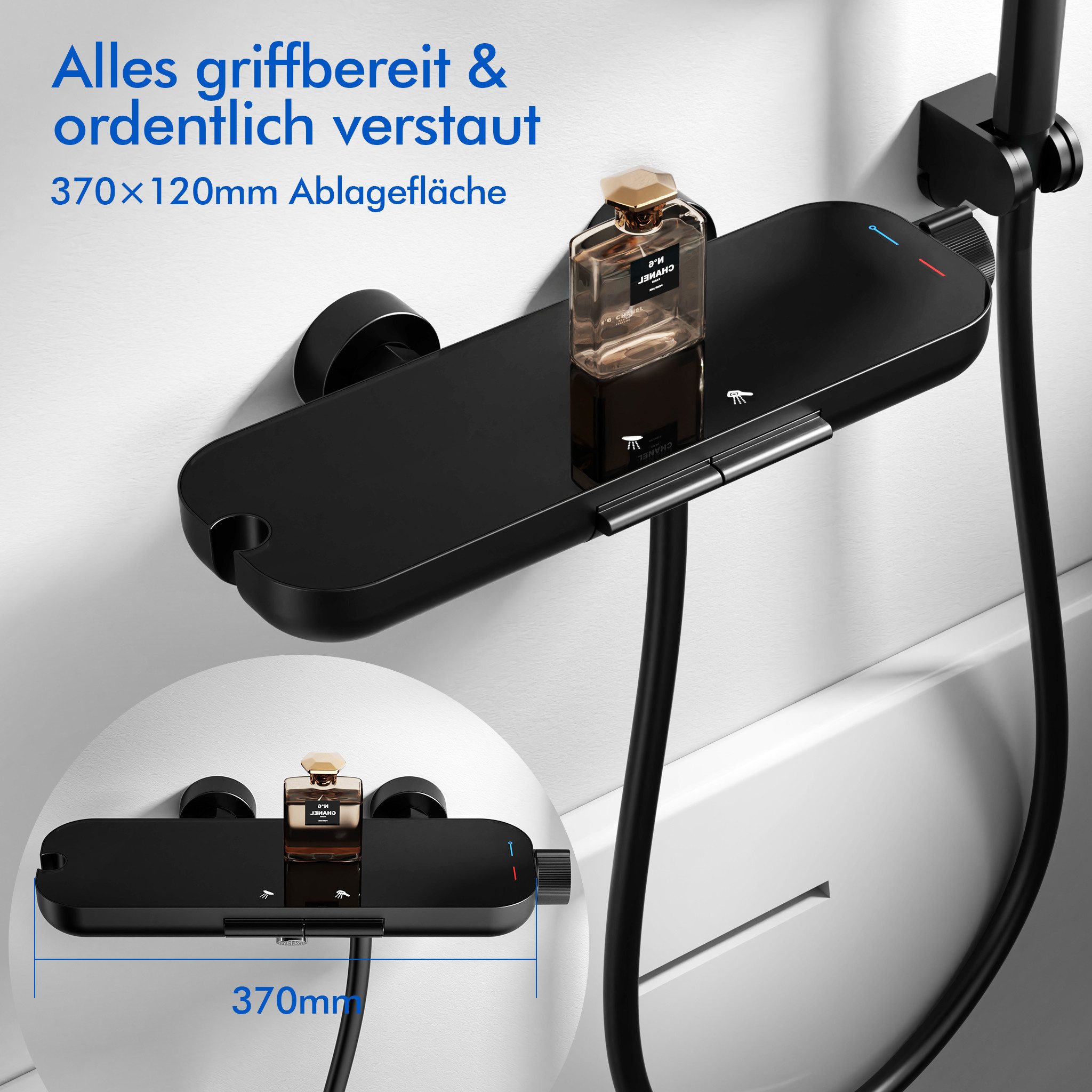 HOMELODY Duschsystem Badewannenarmatur mit Ablage 370 mm und 3-Funktions-Ha günstig online kaufen