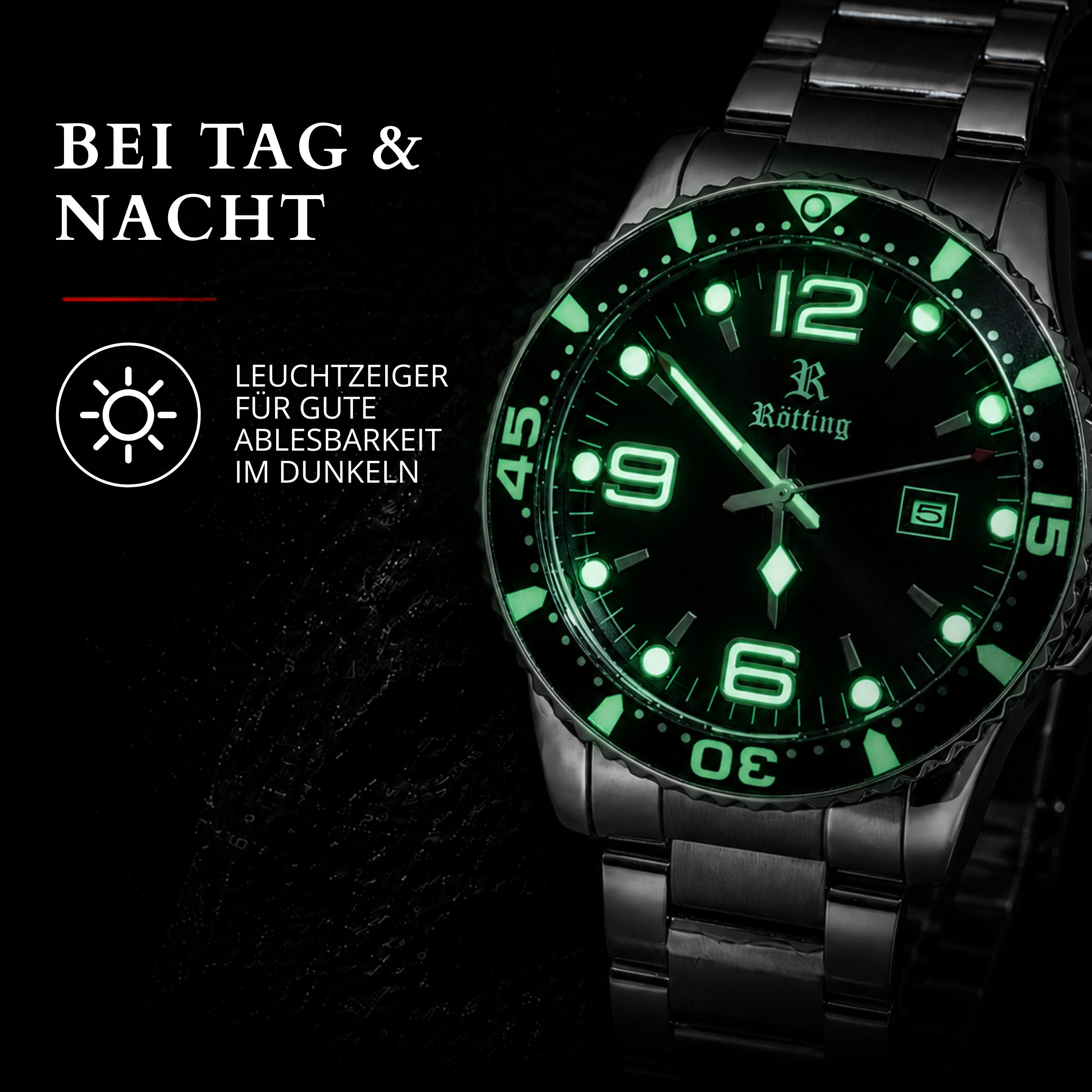 Rötting Design Quarzuhr Herren - Edelstahlarmband - Herrenuhr - schwarzes Zifferblatt, Gehäuse und Armband IP beschichtet, einseitig drehbare Lünette – Bild 5 von 5