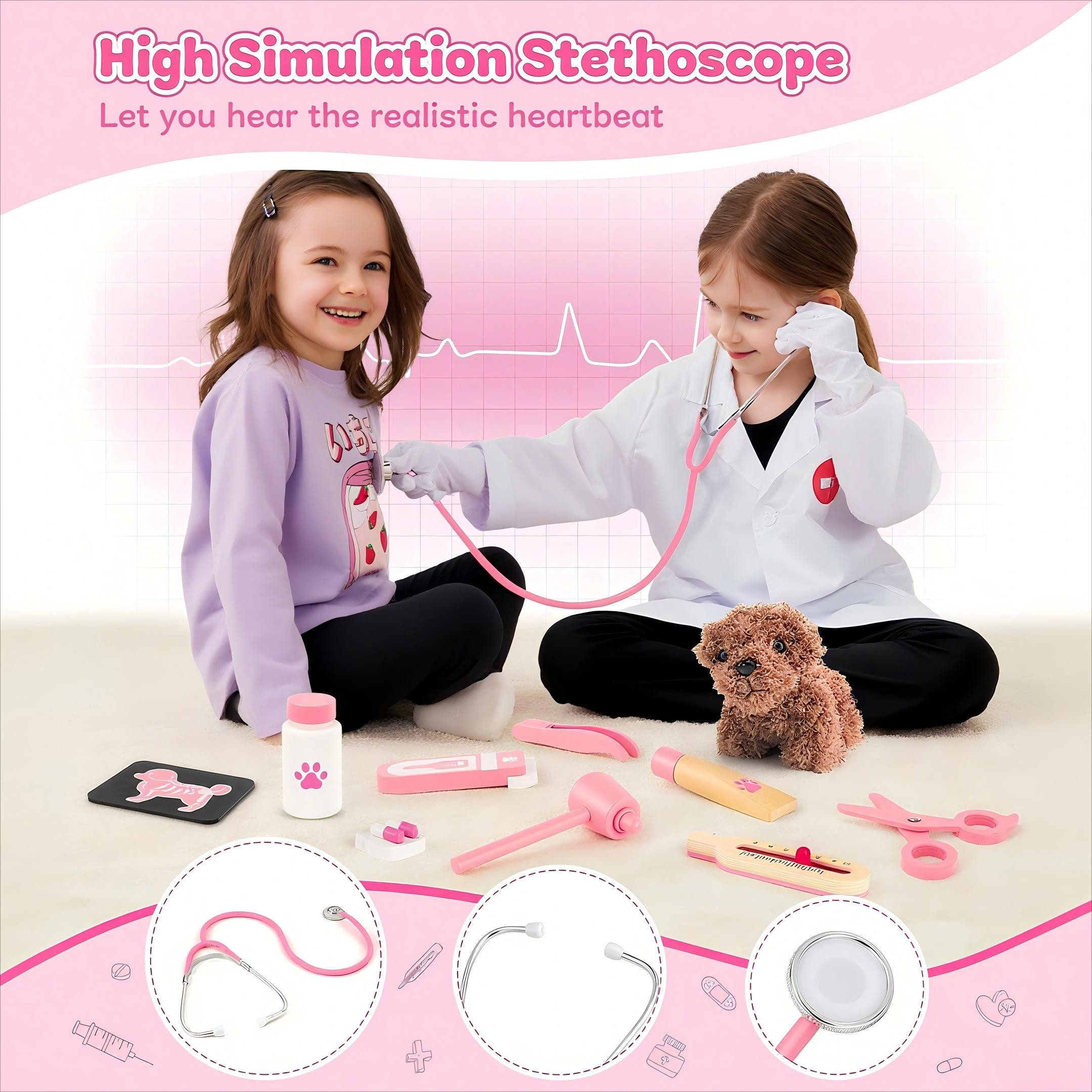 POPOLIC Spielzeug-Arztkoffer Arztkoffer Kinder Holz, Tierarzt Spielzeug Kinder Mit Plüschhund, (Kinder Tierarzt Spielset Arzt Kostüm, 1-tlg., Hohe Simulation Stethoskop Rollenspiel), Geburtstag Geschenke für Mädchen Jungen 3 4 5 6 Jahre