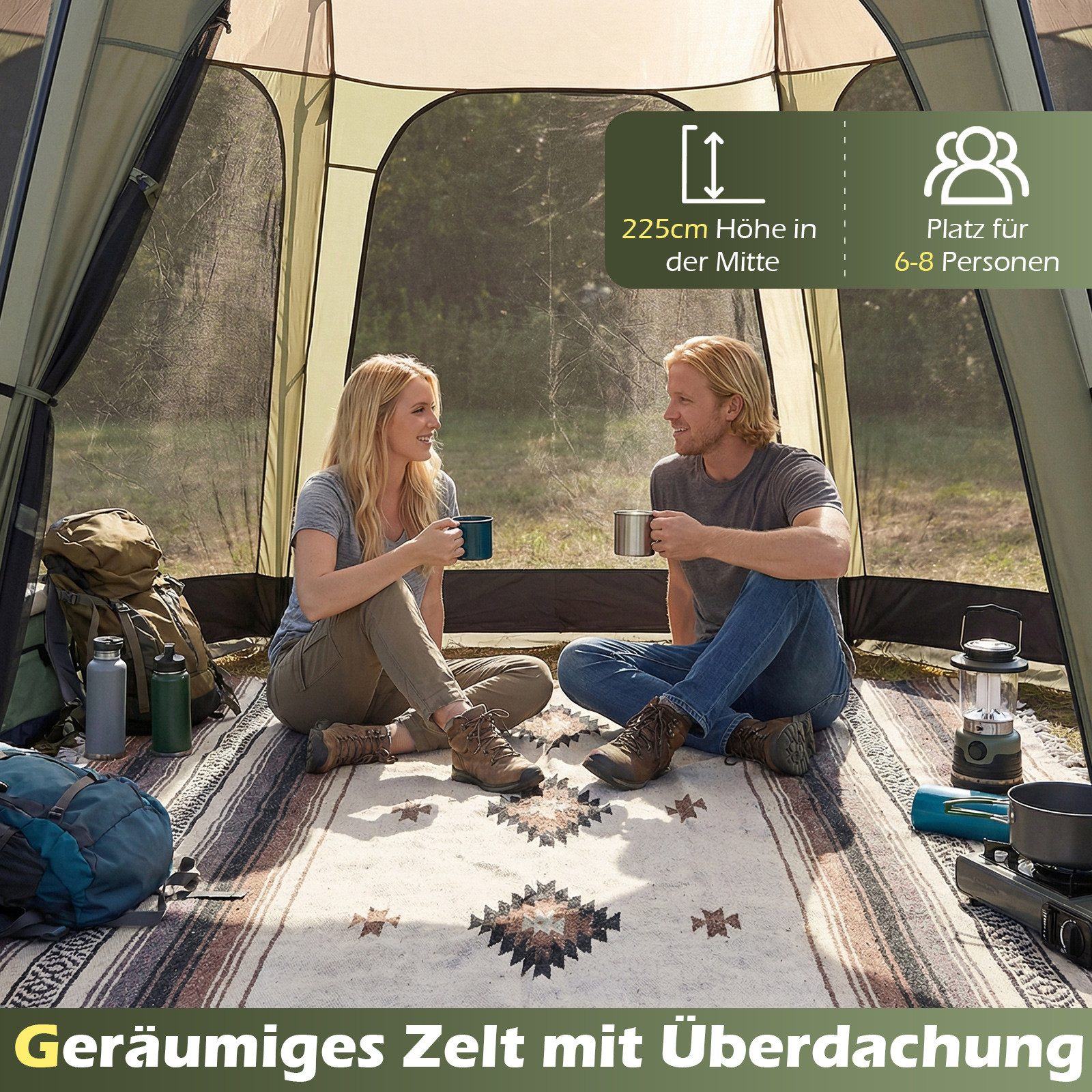 COSTWAY Kuppelzelt, Personen: 8, Pop Up Campingzelt tragbar, mit Netzwand