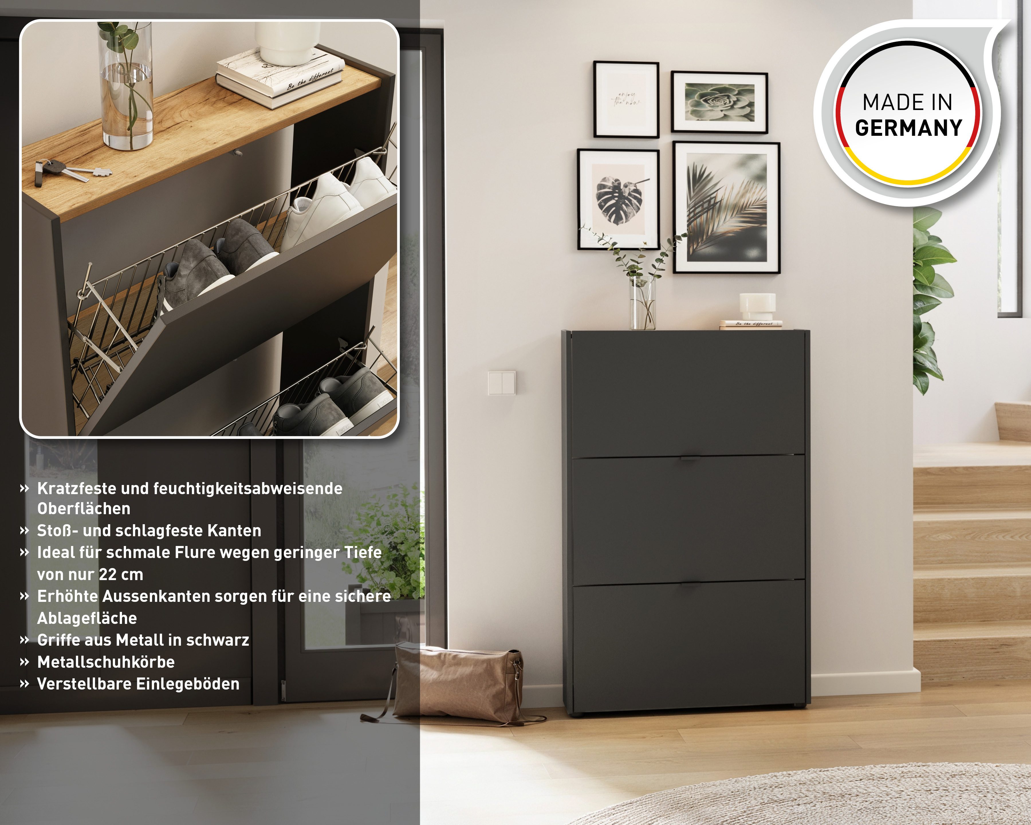 GERMANIA Schuhschrank Ameca (1-St) ideal für schmale Flure, Tiefe: 22cm, Soft-close, Made in Germany