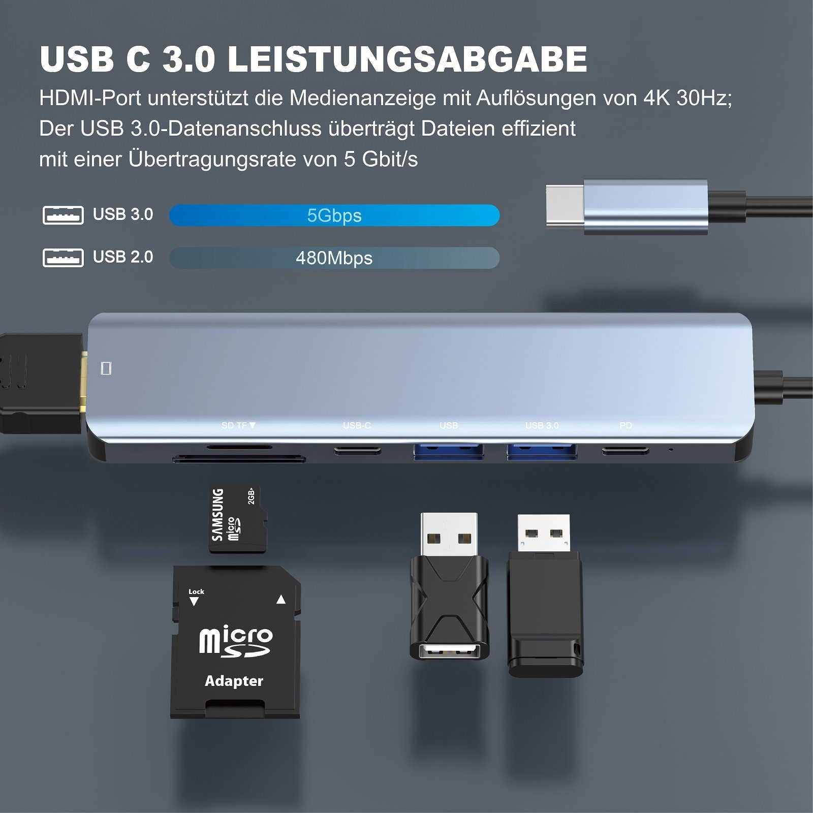 neue dawn Laptop-Dockingstation 7 Port USB C Hub 4K HDMI 85W PD für Macbook iPhone Samsung iPad, (85W Schnellaufladung)