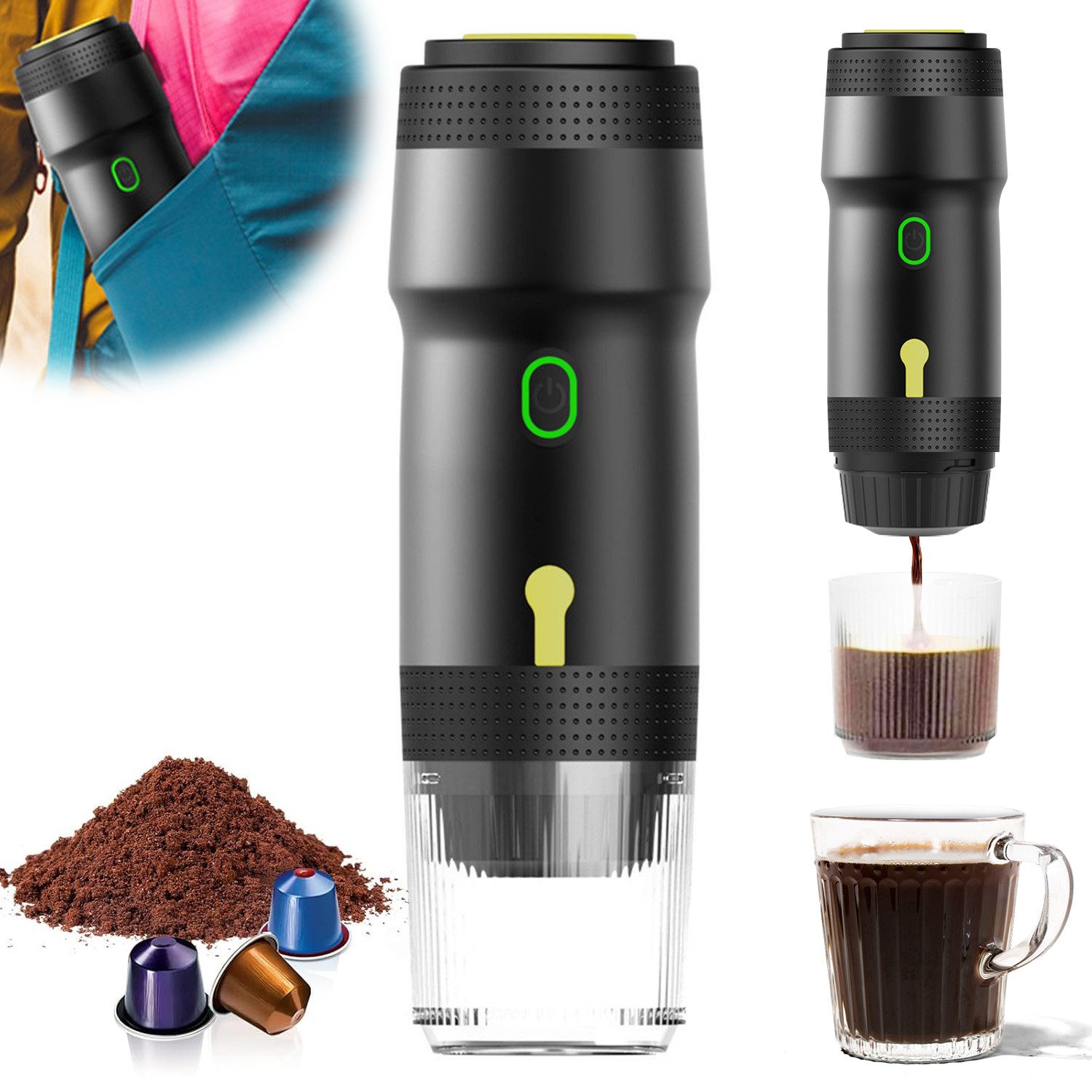 MOPUEA Espressomaschine Portable Espresso Maschine, Kaffeekanne Kapsel Pulverkaffee keine Filtergröße, Reisekaffeemaschine Tragbare Espressomaschine Kapselmaschine