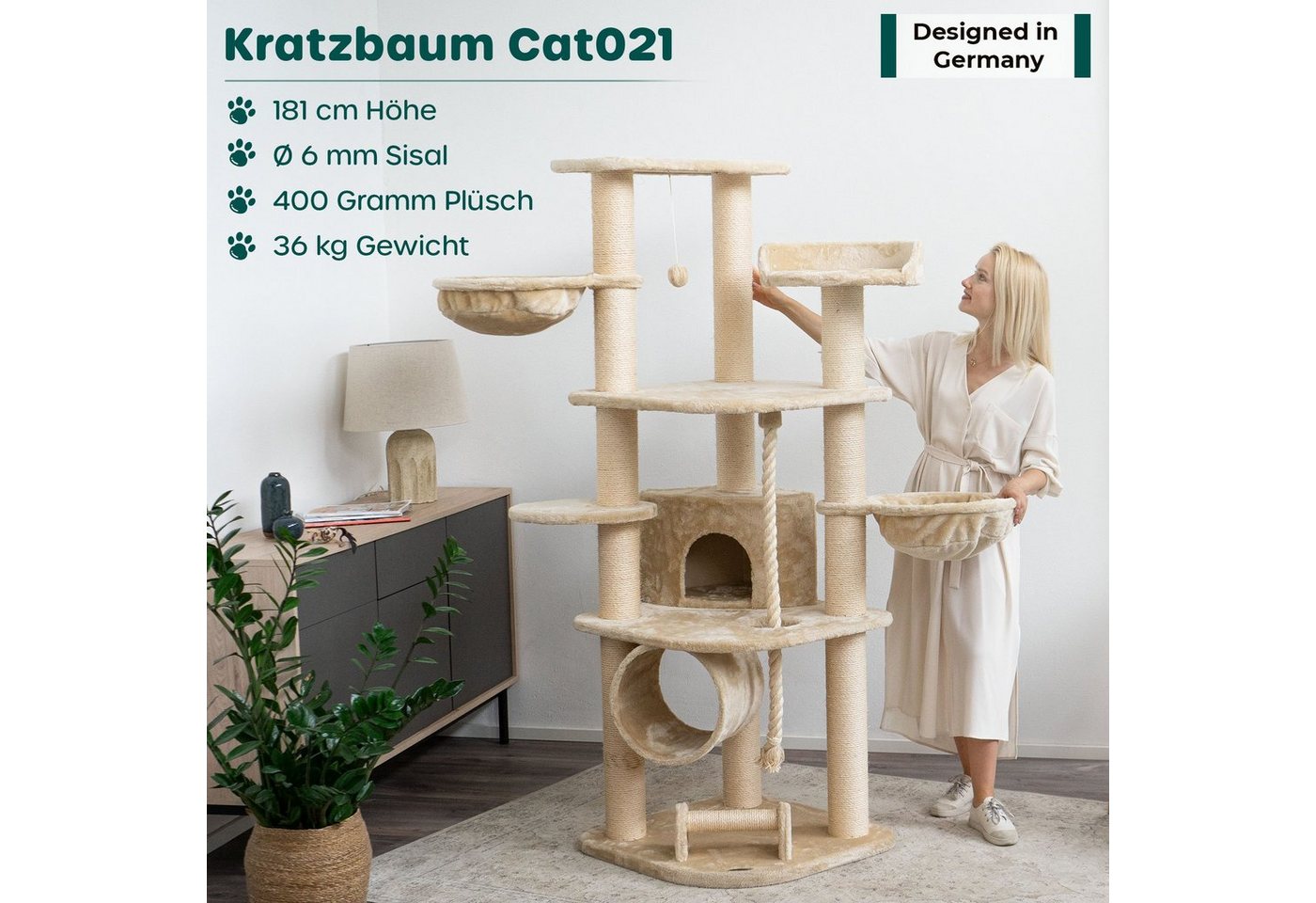 Thumbnail - Happypet Kratzbaum, Gesamthöhe: ca. 181 cm, Haus: 30 x 34 x 34 cm, Spieltau: 92 cm Lang