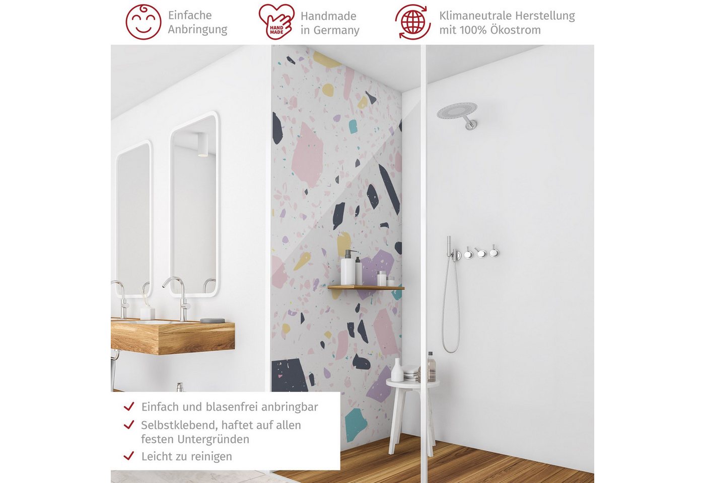 Thumbnail - Bilderdepot24 Badrückwand Terrazzo bunt Duschrückwand ohne Bohren Dusche Muster, (1-tlg., Hart-Folie Premium matt 0,61 m...