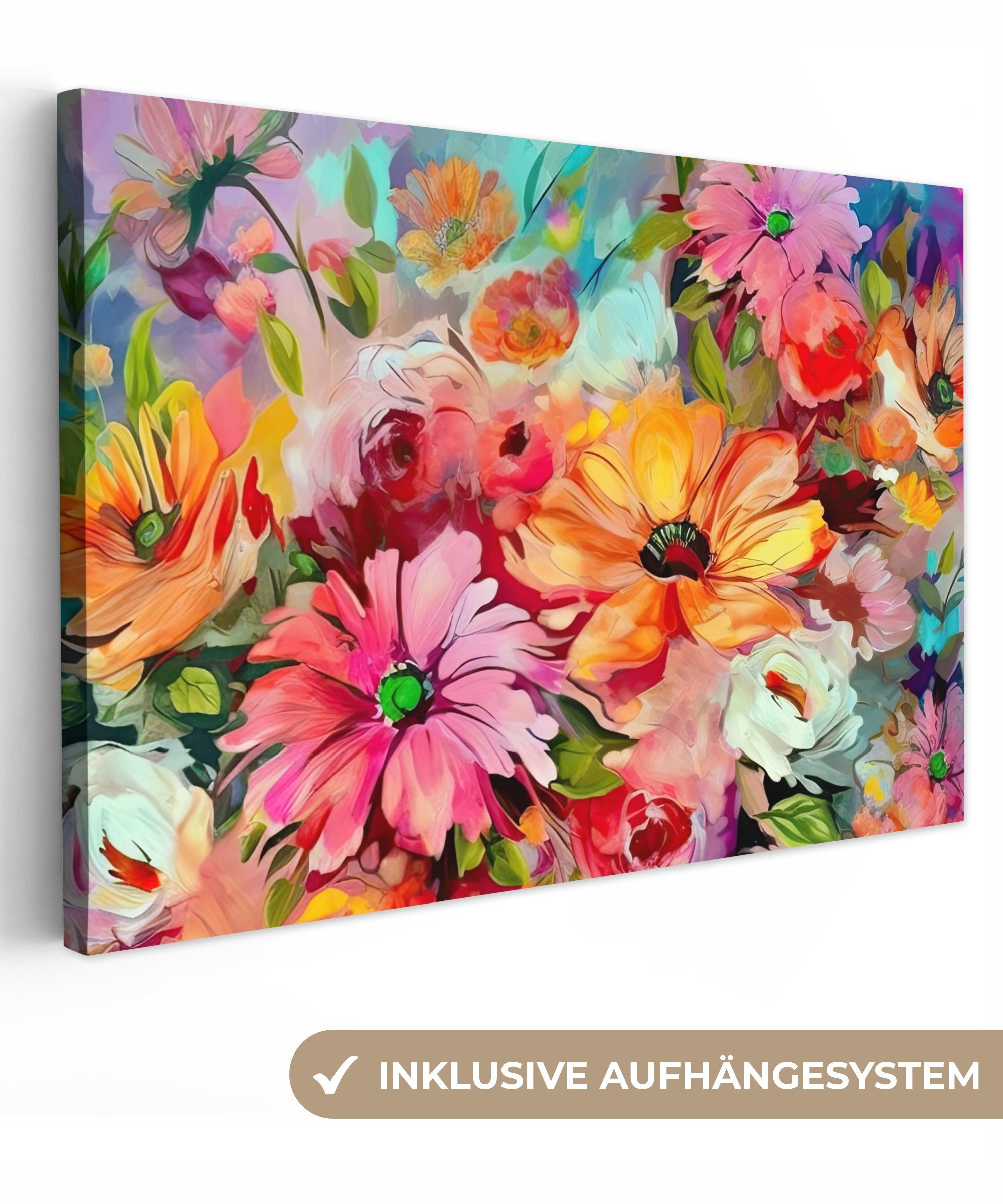 OneMillionCanvasses® Leinwandbild Blumen - Farbenfroh - Kunst - Ölgemälde, (1 St), Wandbild für alle Wohnbereiche, Gemälde, XXL, großes, 120x80 cm