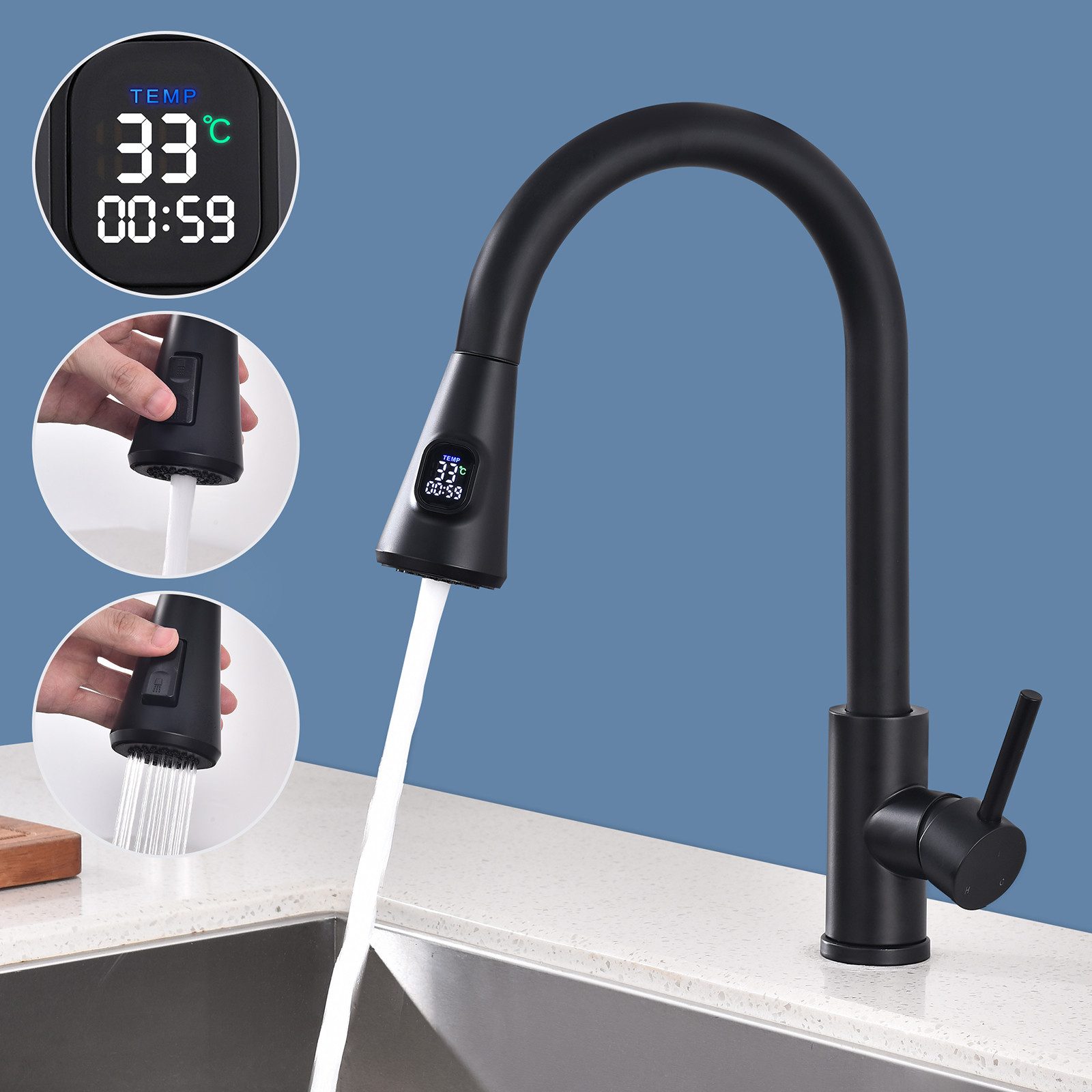 HOMELODY Küchenarmatur ausziehbar Spültischarmatur 360° Küchenarmatur LED Digitalanzeige (1-St) Hochdruck Wasserhahn Küche, Zweifunktionaler Wasserauslass,Schwarz