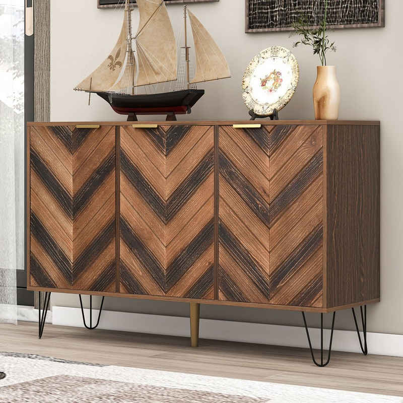 Merax Sideboard mit Fischgrätenmuster Dekor und Eisenfüße, Kommode mit 3 Türen und goldenen Metallgriffe, Highboard Holz, B:120cm