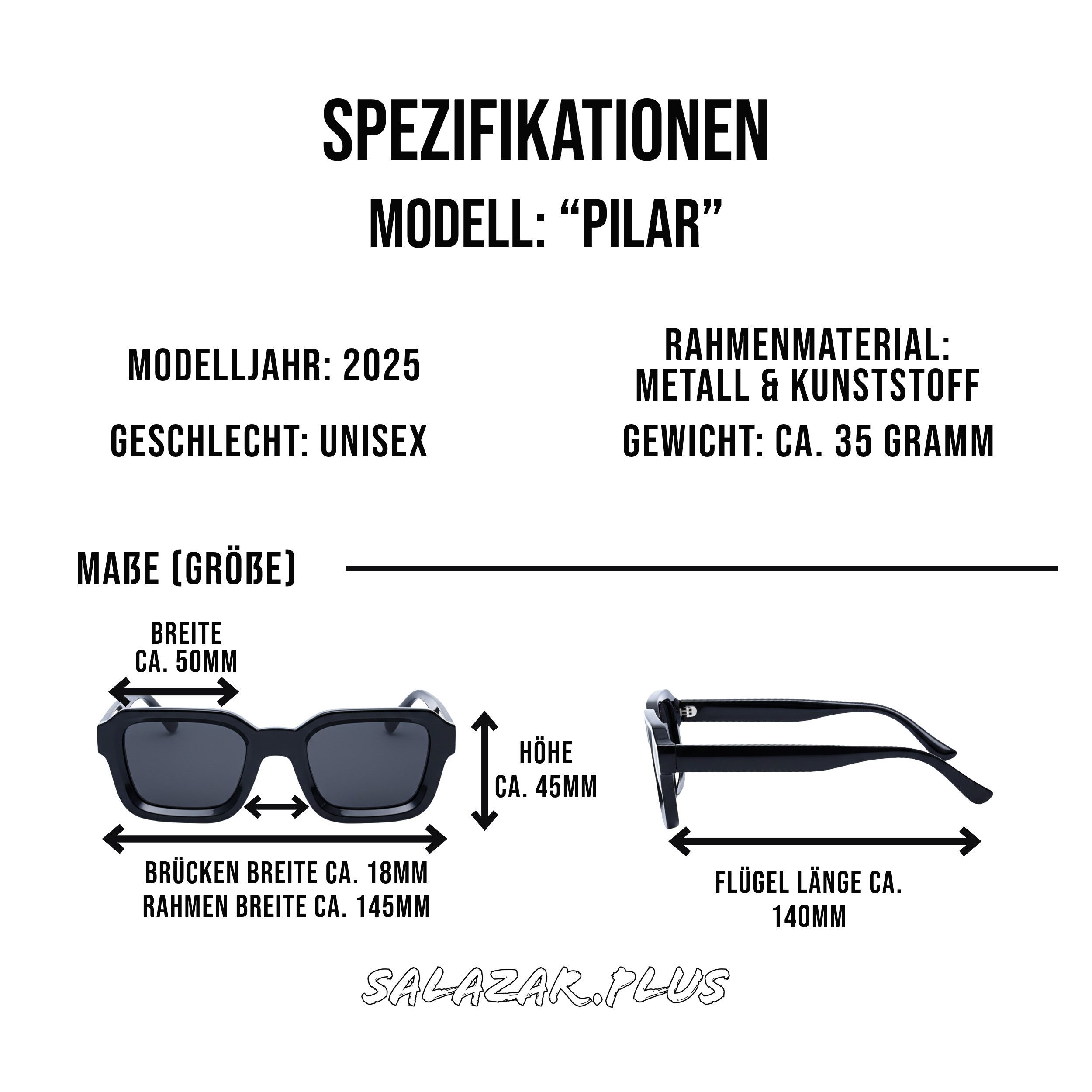 salazar.plus Sonnenbrille Dick Rechteckig Premium Unisex Klotzig Damen Herren Brille