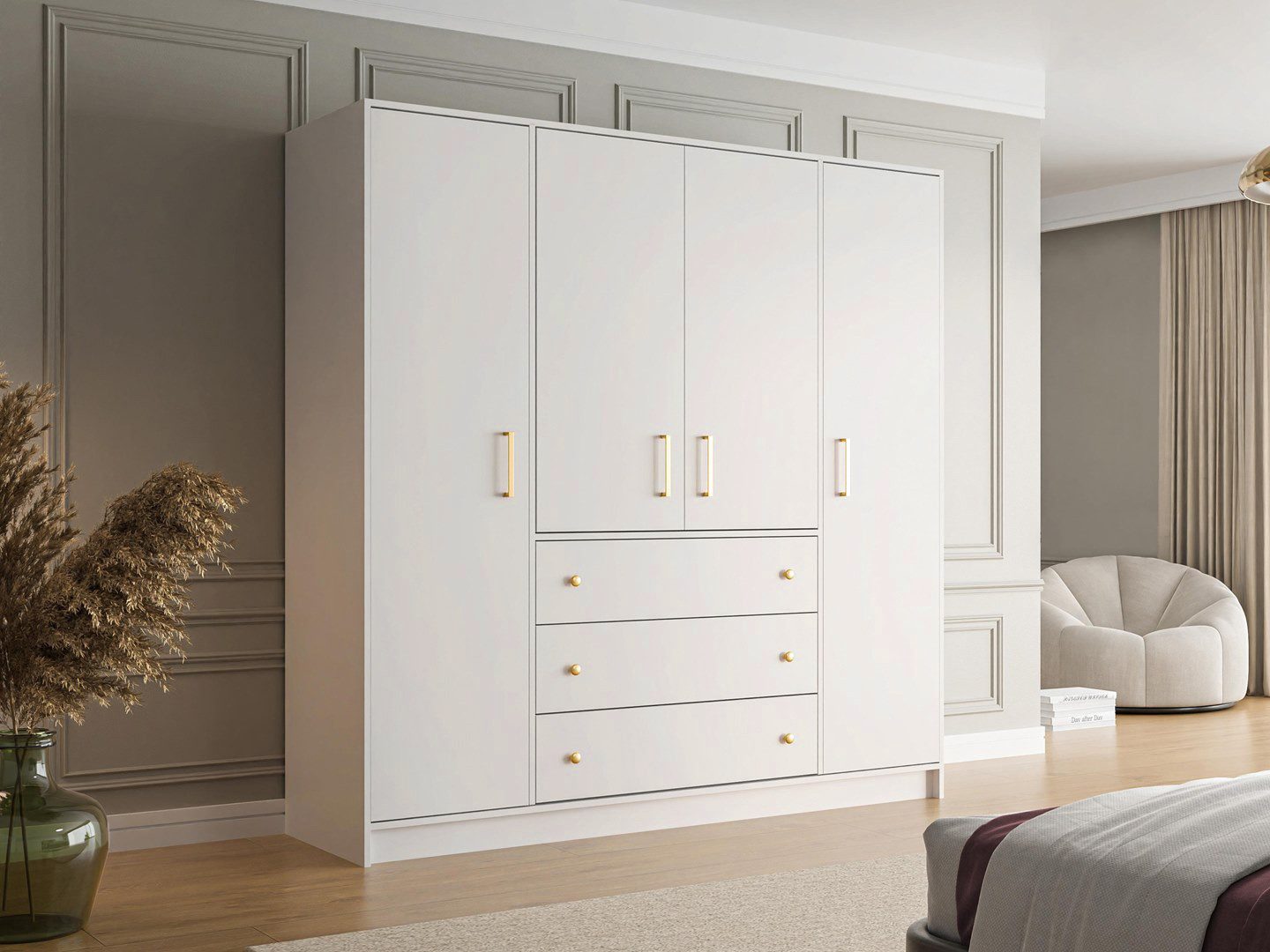 Beautysofa Drehtürenschrank RILO mit 4 Türen und goldfarbene Griffe (Kleiderstange, 8 Regalböden, 3 Schubladen, Farbe: Kaschmir, Weiß oder Schwarz) Breite: 196 cm