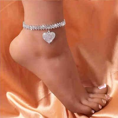 KARMA Fußkette mit Anhänger Fußkettchen mit Herz Anhänger funkelnde Kristalle Fusskette, Fußschmuck glitzernd Herzanhänger silber oder gold