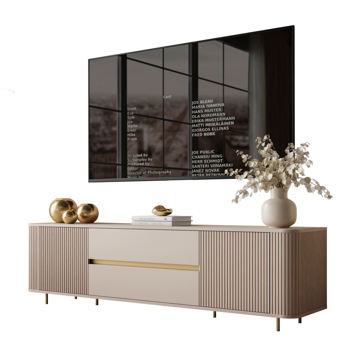 ALLHOUSE24 TV-Schrank TV-Lowboard MIRACLE Rillenfronten, 2 Schubladen, Push-Open, Goldfüße (1x TV Schrank) Breite 180 cm