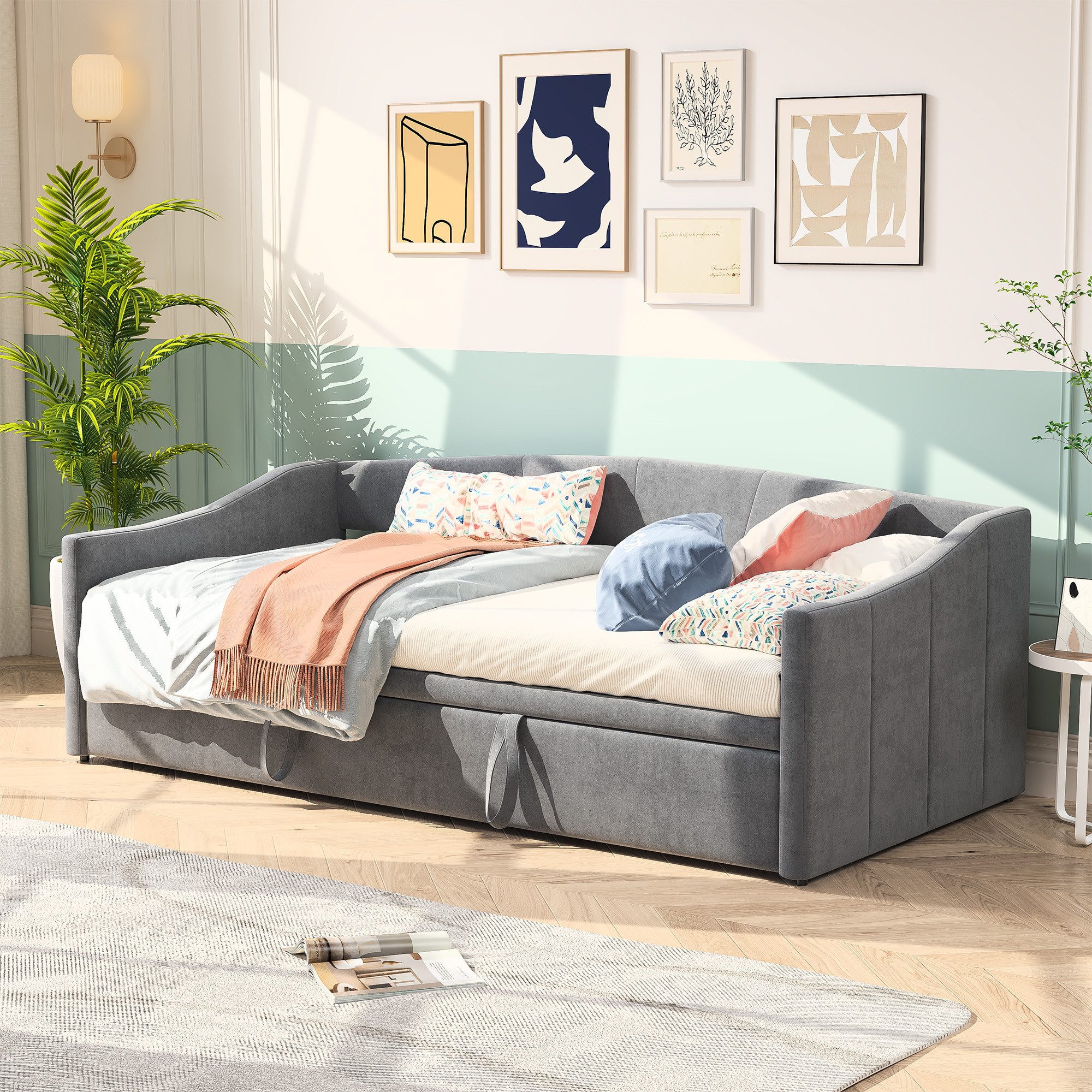 Simurq Polsterbett Polster‑Schlafsofa 90/180x200 Samt, Ausziehbett, Gästebett, Tagesbett – Bild 3 von 5