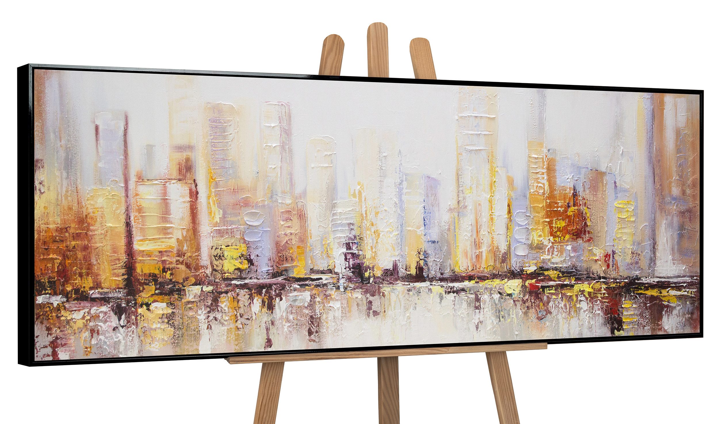 YS-Art Gemälde Morgen's in Megapolis, Architektur, Leinwand Bild Handgemalt Großstadt Braun Orange Gelb