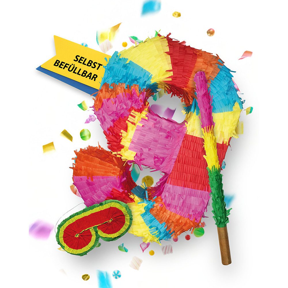 Party Factory Pinata Piñata Zahl 9 mit Stab & Maske – Geburtstags-Piñata zum Befüllen, 50 x 35 x 8cm