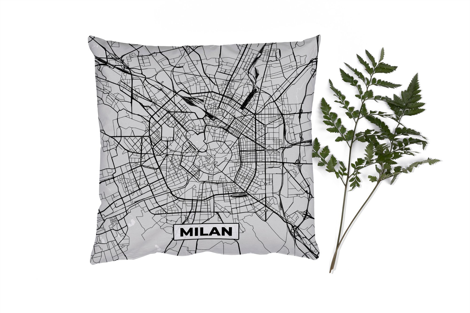 Karte, Mailand MuchoWow und Stadtplan Deko, - Füllung Schwarz Sofakissen mit Schlafzimmer, Dekokissen weiß für Wohzimmer, - Zierkissen -