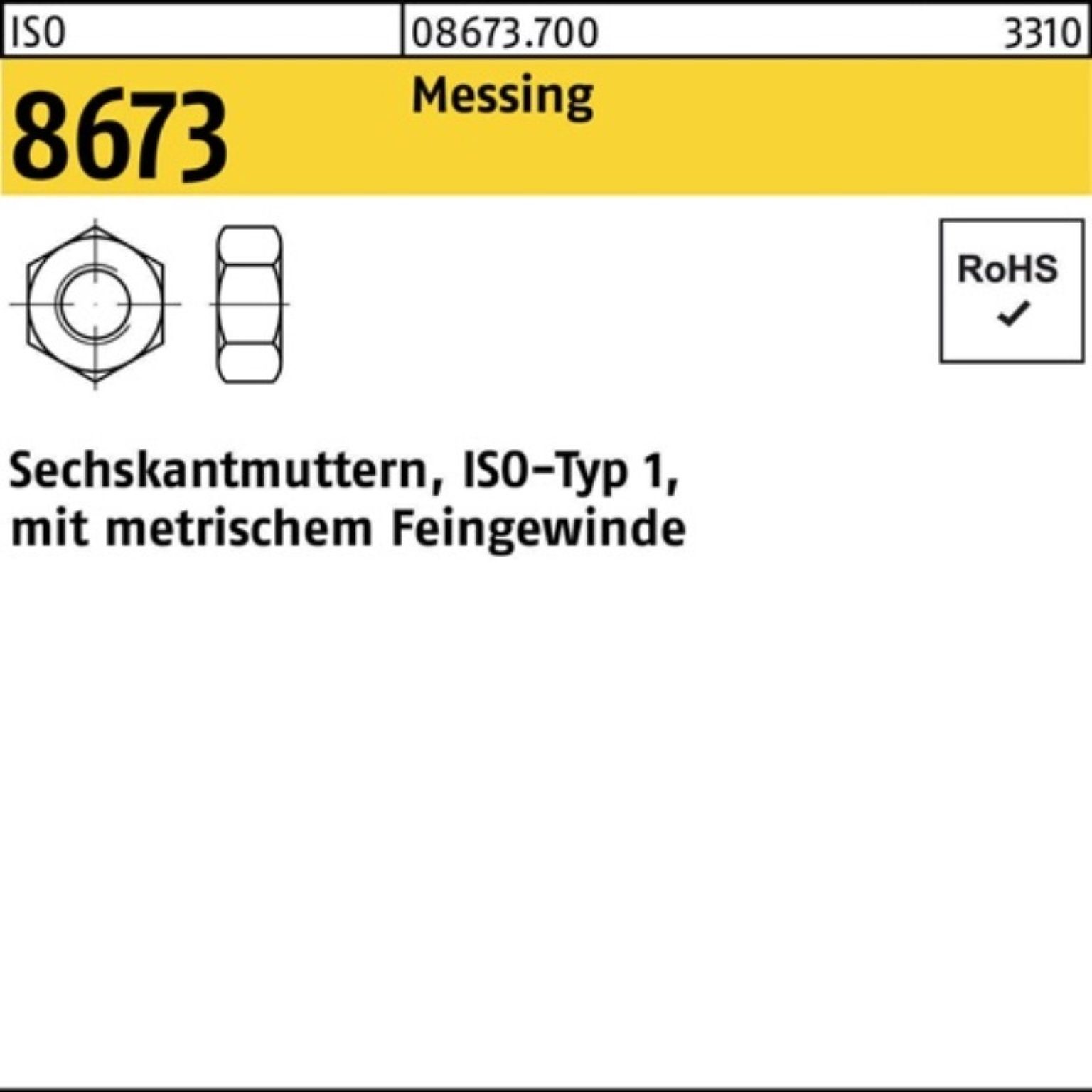 Reyher Muttern 100er Pack Sechskantmutter ISO 8673 M10x 1 Messing 100 Stück ISO 8673