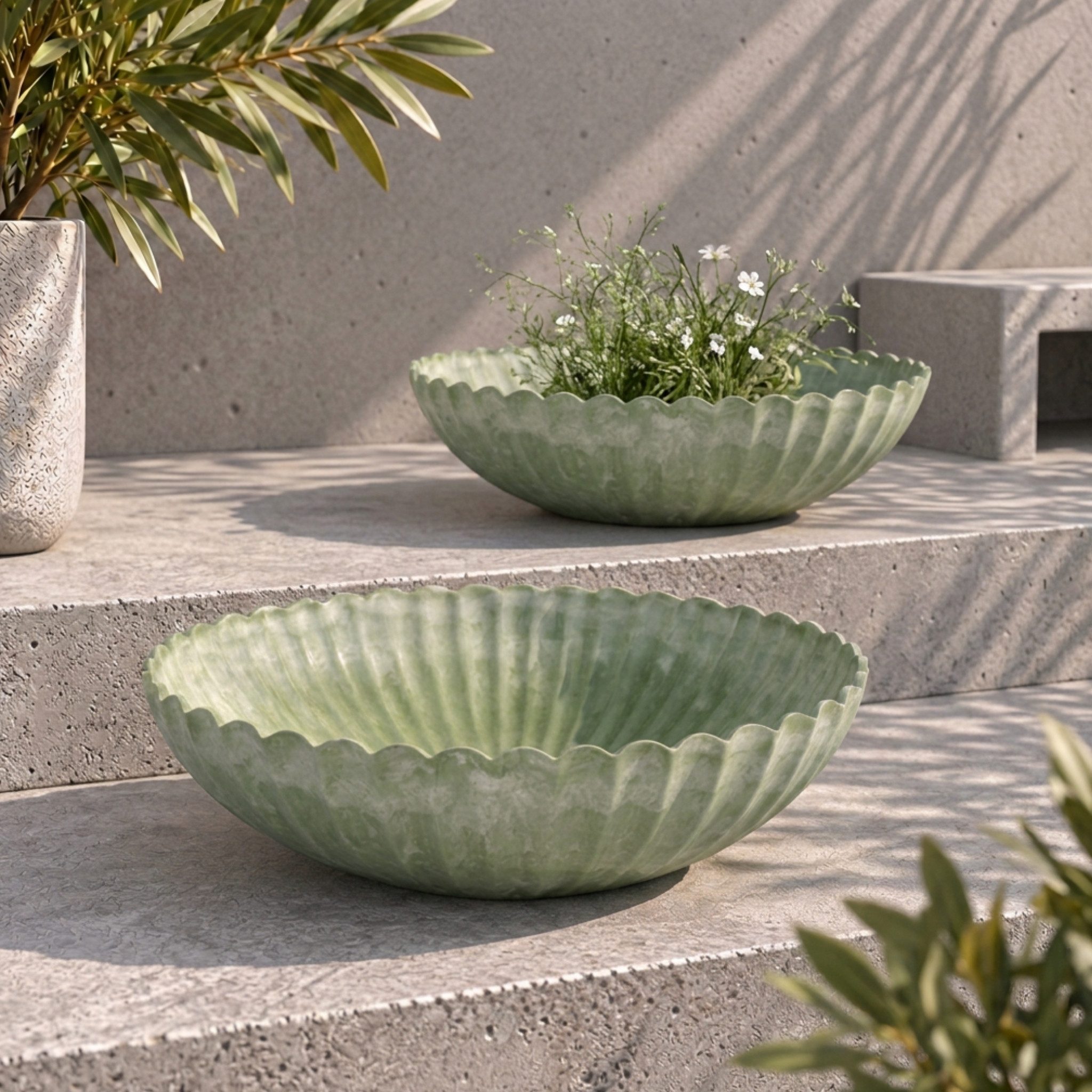 matches21 HOME & HOBBY Blumentopf Runde Pflanz-Schalen gewellt für draussen grün marmoriert 28 cm (2 St), Wetterfeste Blumen-Schale als moderne Outdoor Gartendeko Grabschmuck