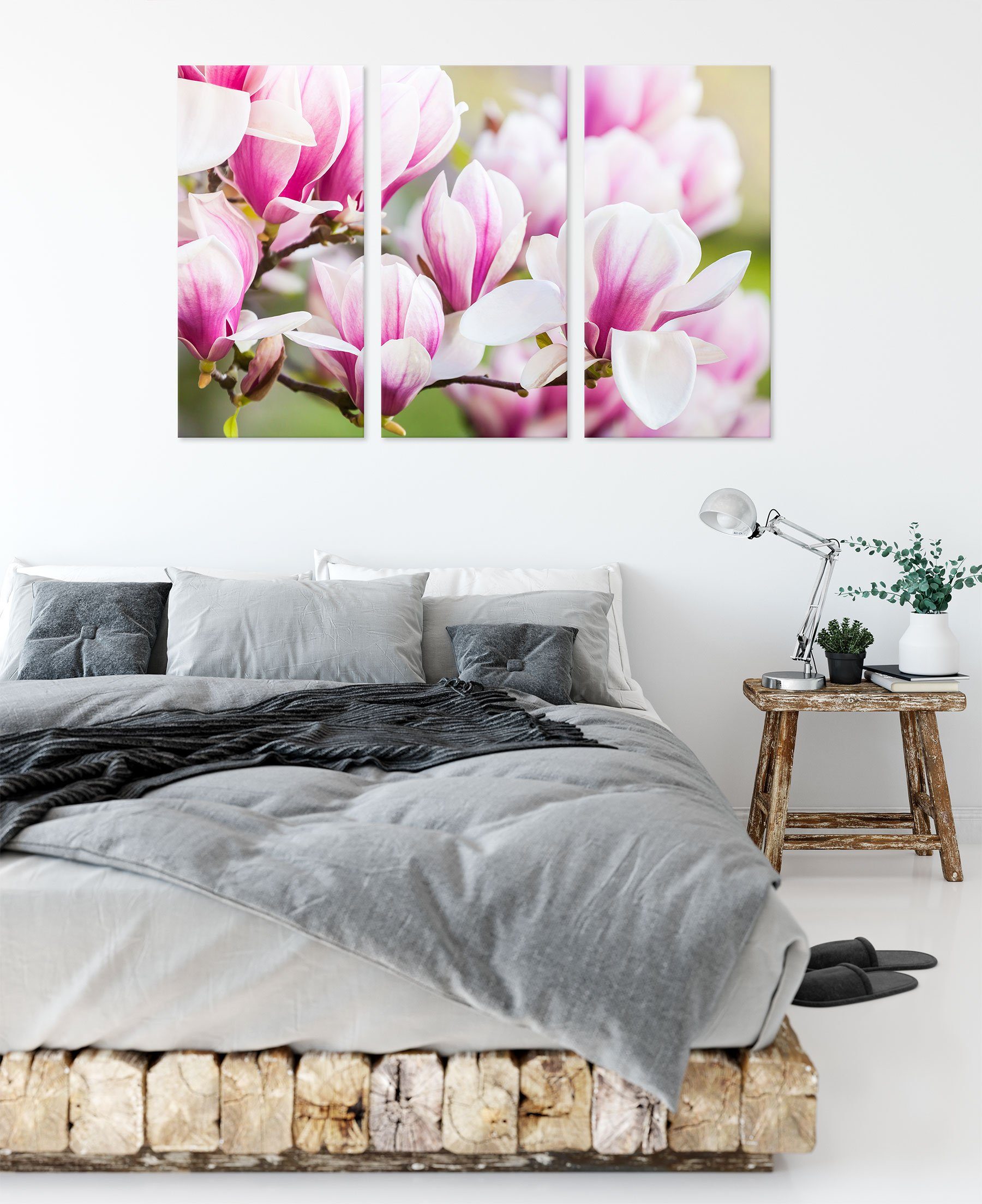 Pixxprint Leinwandbild Blüte farbende Leinwandbild bespannt, Blüte, inkl. rosa (120x80cm) Zackenaufhänger 3Teiler rosa St), feine (1 farbende fertig feine