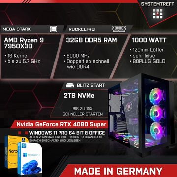 SYSTEMTREFF Gaming-PC (AMD Ryzen 9 7950X3D, GeForce RTX 4080 Super, 32 GB RAM, 2000 GB SSD, Wasserkühlung, Windows 11, WLAN)