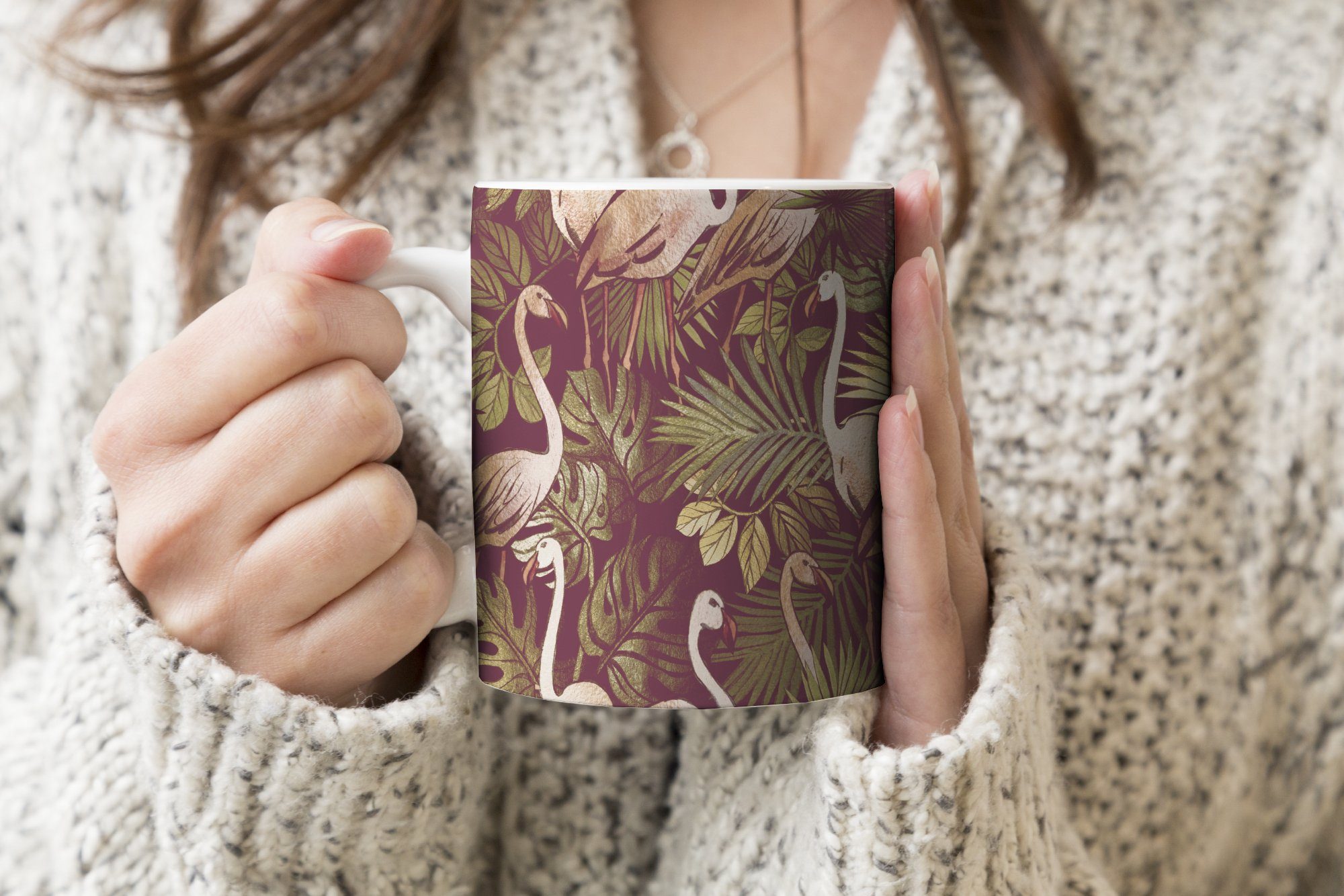 Keramik, Vintage Teetasse, MuchoWow Blätter - Muster, Teetasse, Dschungel Becher, Tasse Geschenk Flamingo - Kaffeetassen, - -