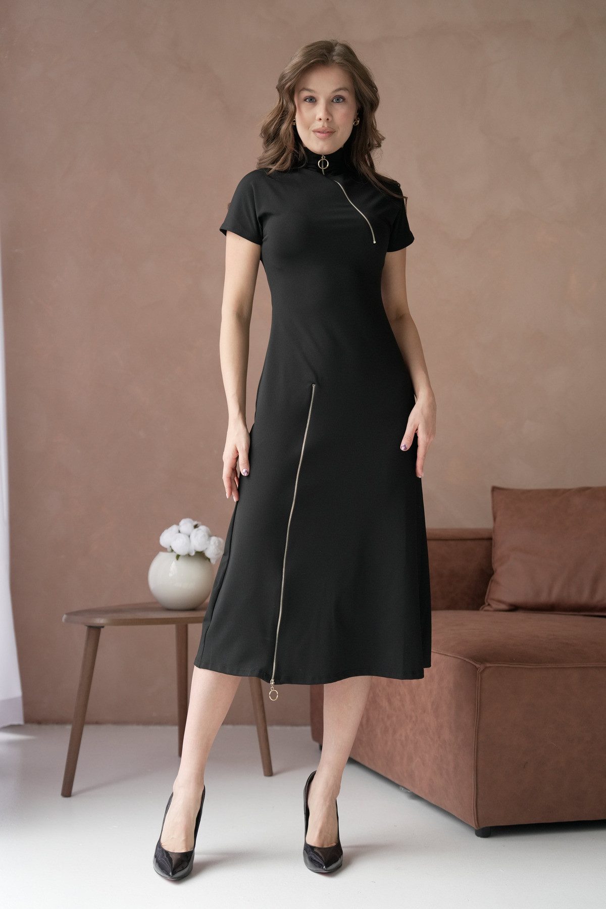 WOMAN VISION Midikleid Midikleid mit Reißverschlussdetail, hohem Kragen und kurzen Ärmeln – Bild 5 von 5