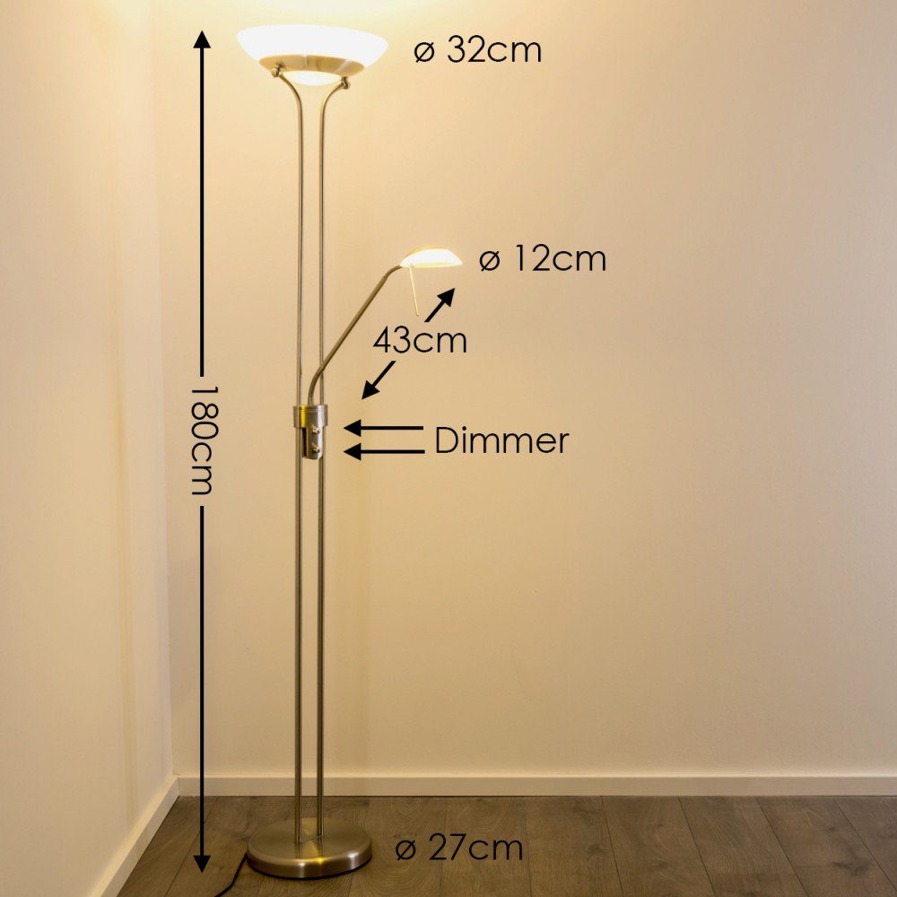 hofstein Deckenfluter »Lainate« dimmbare Standleuchte aus Metall in Nickel-matt, 3000 Kelvin, 18 u. 5 Watt, 2070 Lumen, mit Dimmer u. verstellbarem Lesearm