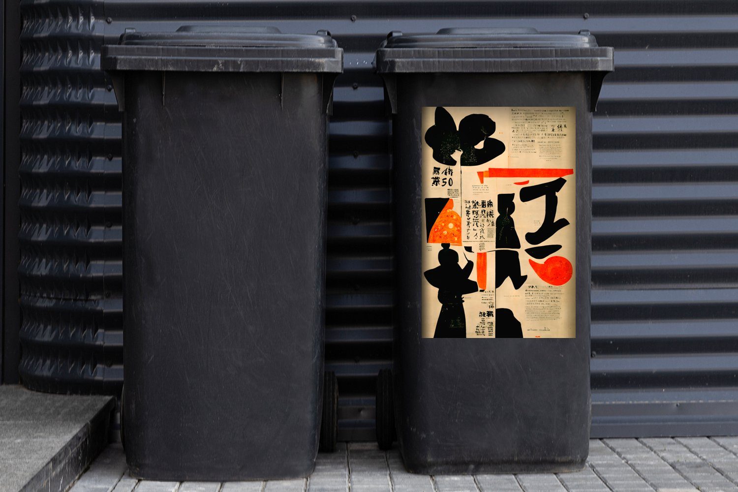 Mülleimer-aufkleber, Abfalbehälter Vintage - MuchoWow Sticker, Wandsticker Schwarz - St), - (1 Container, Mülltonne, - Japanisch Vintage Rot