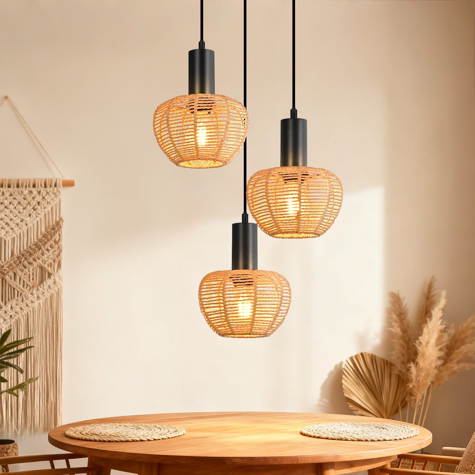 ZMH Pendelleuchte Hängelampe Boho Pendelleuchte Rattan 1/3 Flammig Vintage Geflochten, ohne Leuchtmittel