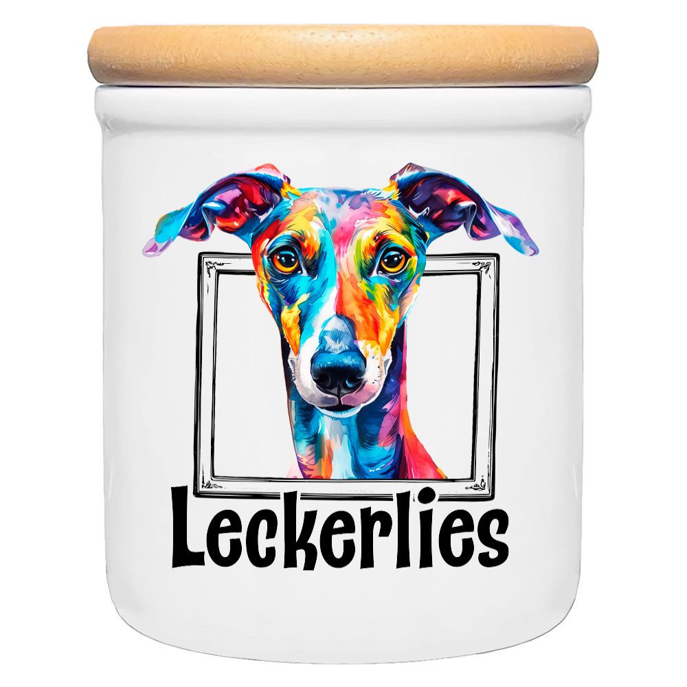 Cadouri Vorratsdose GREYHOUND - Leckerlidose Hund - für Hundekekse, Keramik, (Leckerlidose mit Hunderasse, 2-tlg., 1x Keramikdose mit Holzdeckel), Hundekeksdose, handgefertigt in Deutschland, für Hundebesitzer, 400 ml