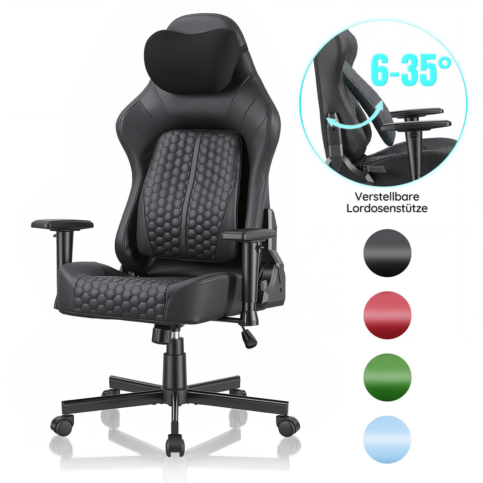 HOMALL Gaming-Stuhl gaming stuhl,mit verstellbarer Lendenstütze 6°-35°, 2D-Armlehnen,Rückenlehne 90°-135° verstellbar,150kg Belastbarkeit