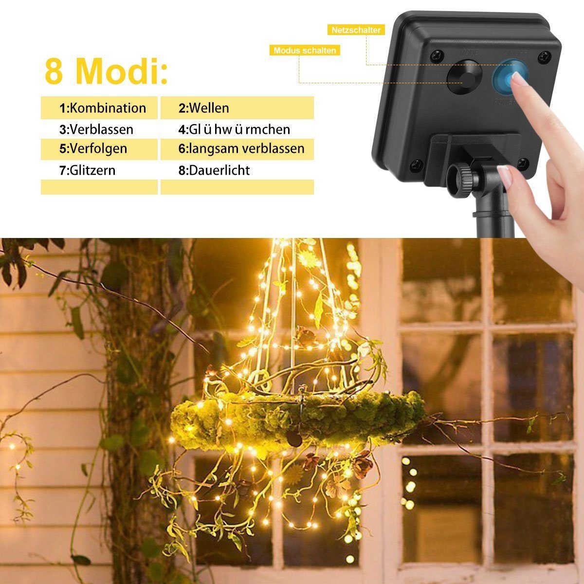 iscooter LED Solarleuchte 12M/22M Solar 100 LED Warmweiß, Deko integriert, / Außen mit 200 Modi, IP65 Garten Außen, Wasserdicht Weiß, Lichtervorhang 8 Bunt, Lichterkette Innen LEDs, fest