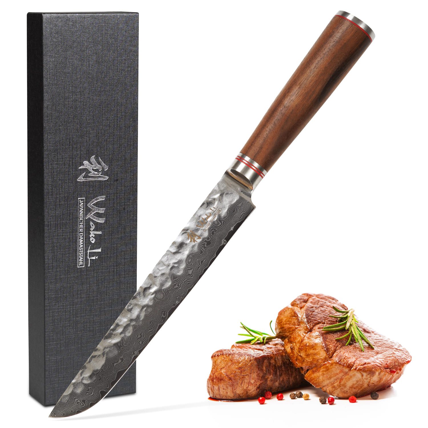 Wakoli Fleischmesser Damast Tranchiermesser Hamokiri Kochmesser 20 cm Klinge Nussbaumgriff, Damaststahl, VG10 Kern