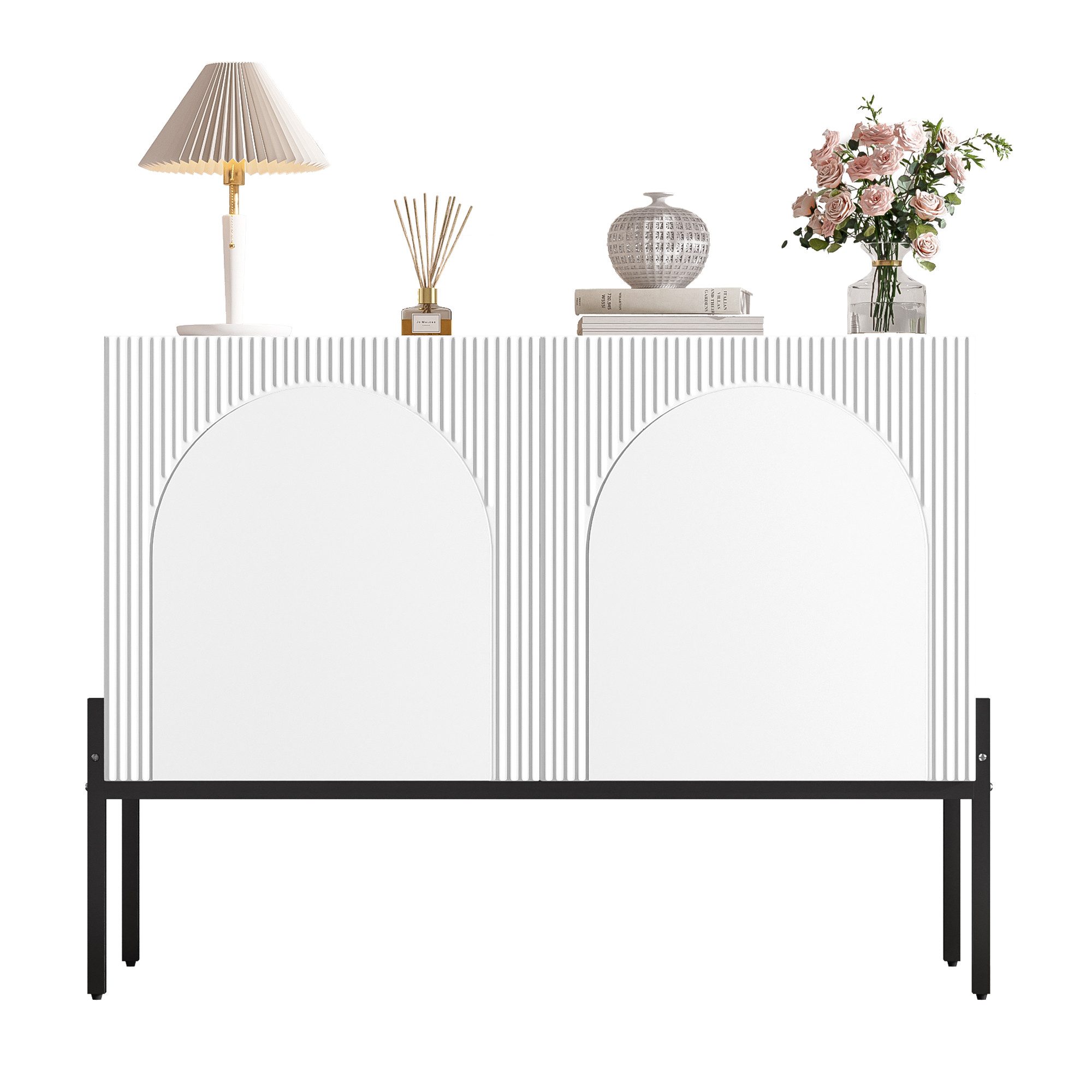 Refined Living Sideboard Modernes Sideboard mit 2 Türen & Metallbeinen, Minimalistische Kommode (Weiß, Sideboard mit Bogenstruktur und vertikalen Rillen, 100 × 40 × 75 cm, Aufbewahrungsschrank mit 2 Türen, Spanplatte, Metallbeinen und großzügigem Stauraum, 1 St., Stauraumwunder für Wohnzimmer, Esszimmer und Flur), Minimalistisch, Modern, Mit Kippsicherung, Mattweiß