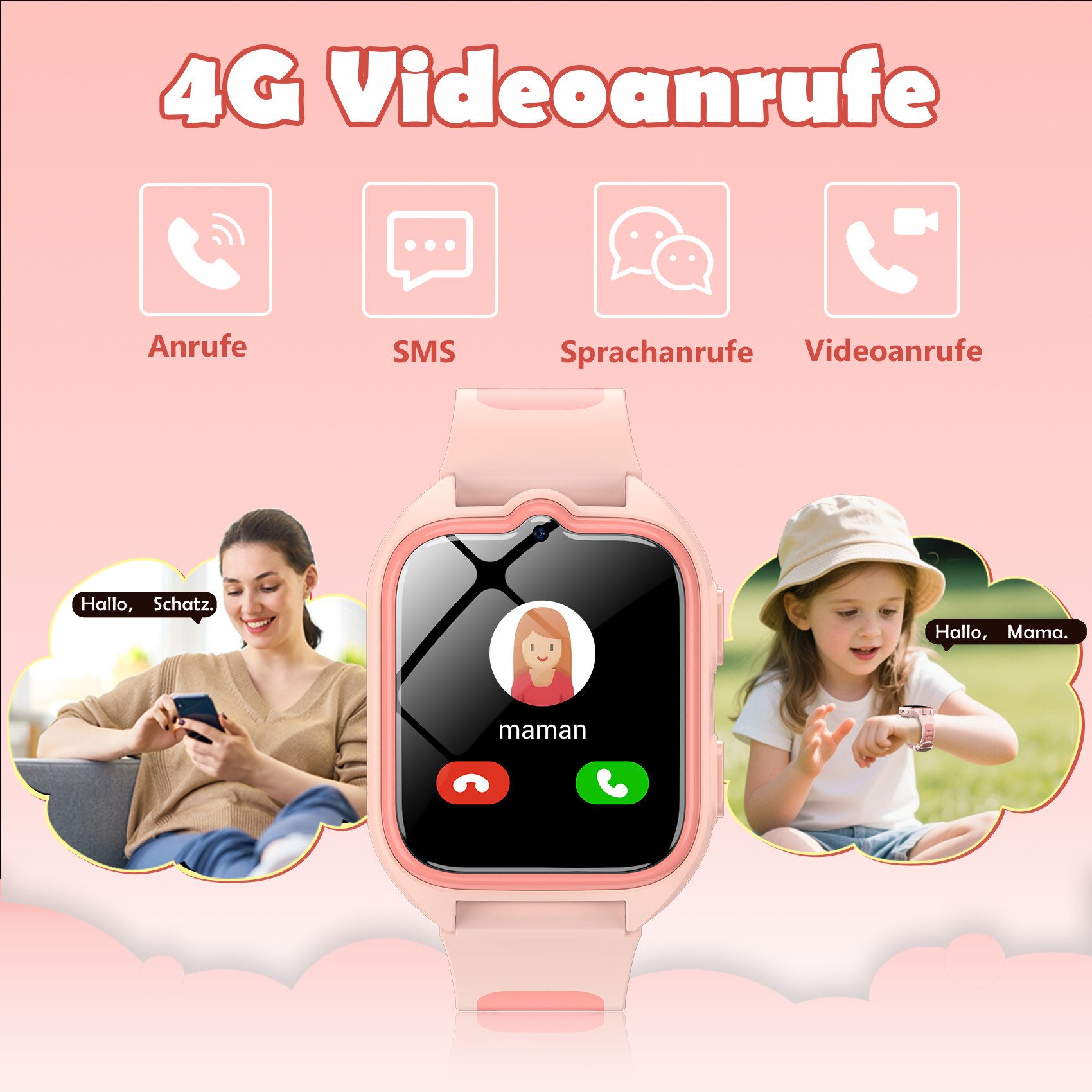 blackview Kinder Smartwatch 4G GPS – Telefon, Videochat, SOS, Ortung, Schulmodus Smartwatch (1.75 Zoll), 1-tlg., 1×Smartwatch, 1×Halsband, 1×Ladekabel, 1× Bedienungsanleitung( DE), GPS+WLAN+LBS Ortung,800 mAh,LED-Taschenlampe,Mit SIM-Kartensteckplatz