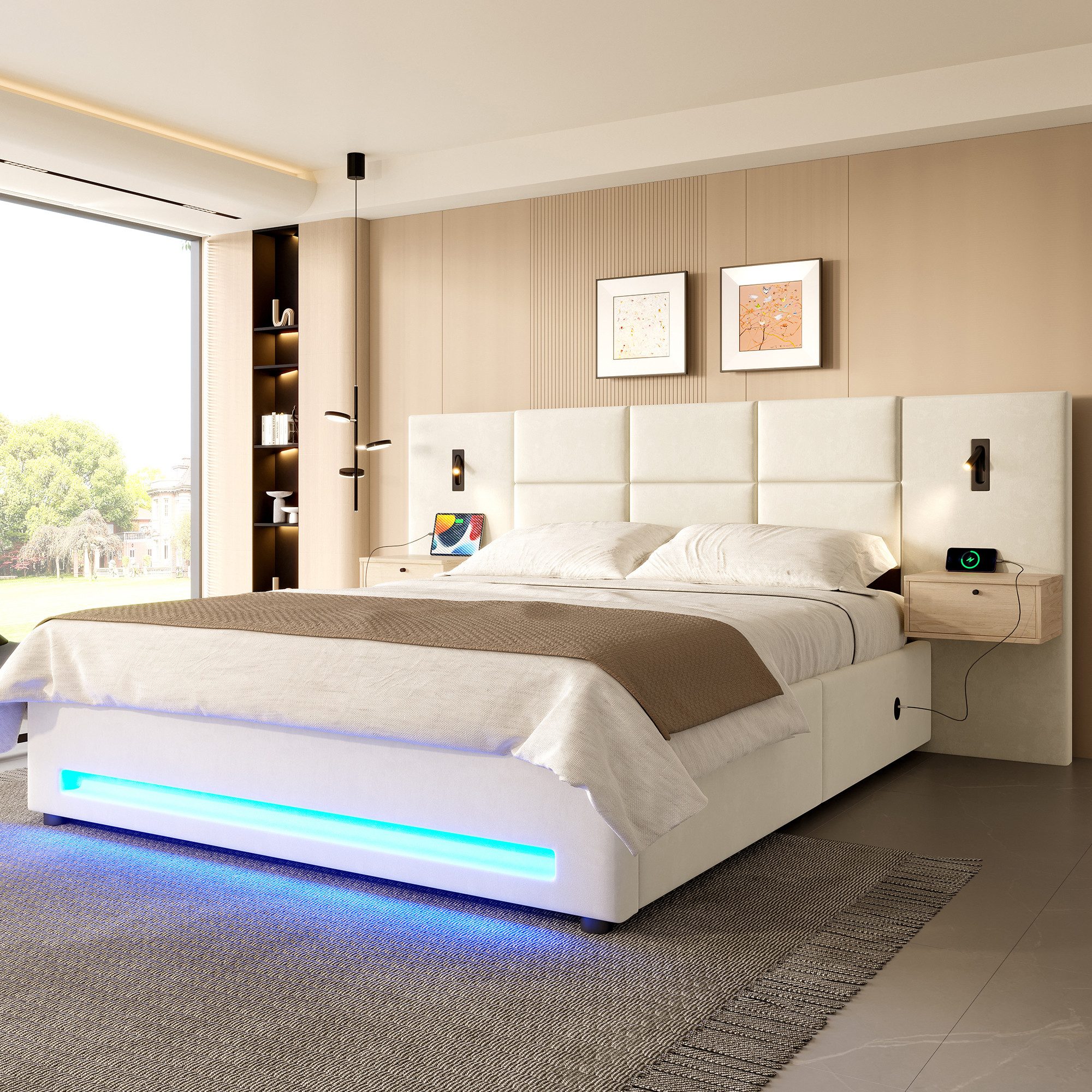 Odikalo Polsterbett 180x200 Doppelbett mit Bettkasten & LED weiss/grau (180 günstig online kaufen