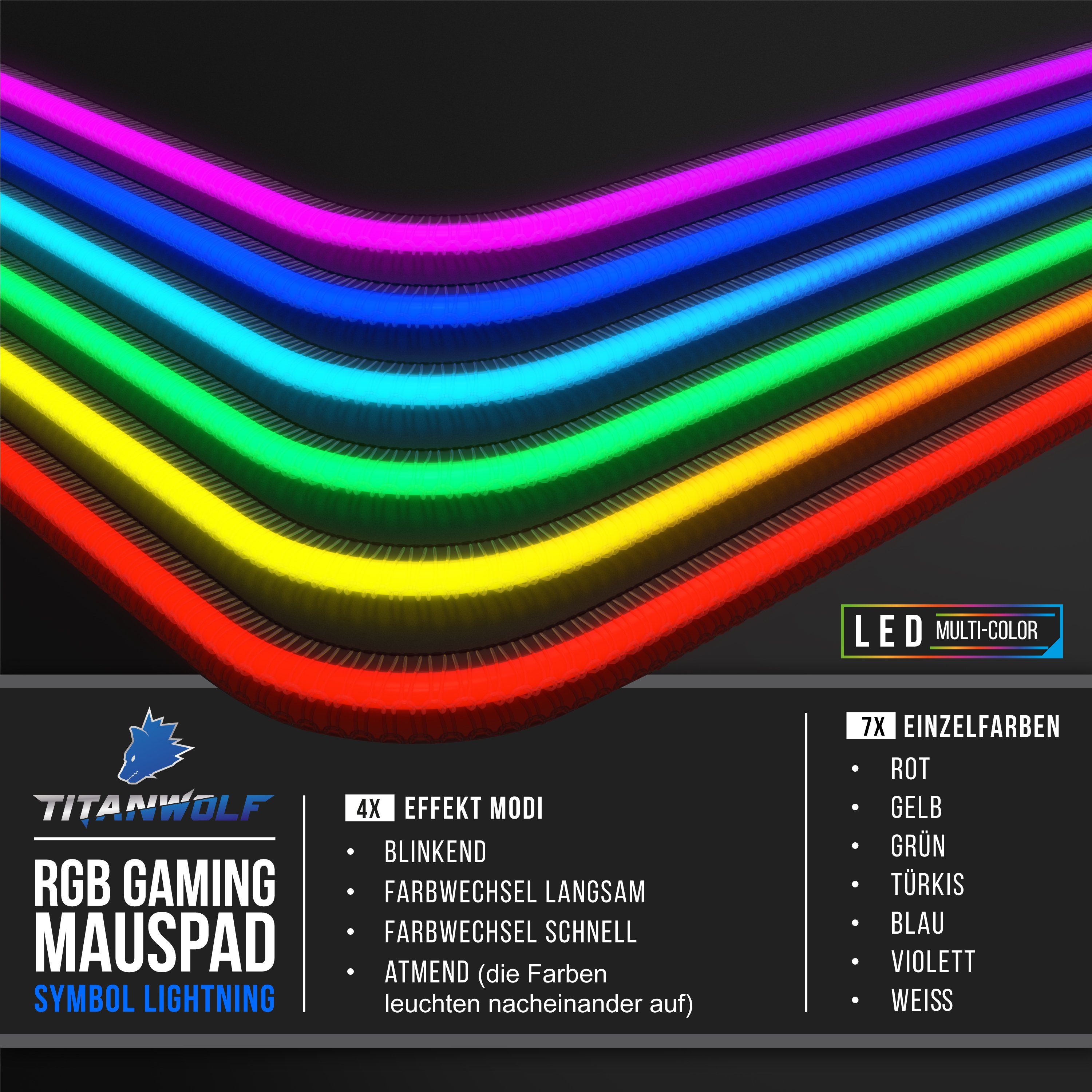 Titanwolf Gaming Mauspad RGB Mousepad 1200 x 600 x 3 mm, LED Multi Color XXXL Tischunterlage, rutschfest, abwaschbar, Geschwindigkeit & Präzision, Symbol grau