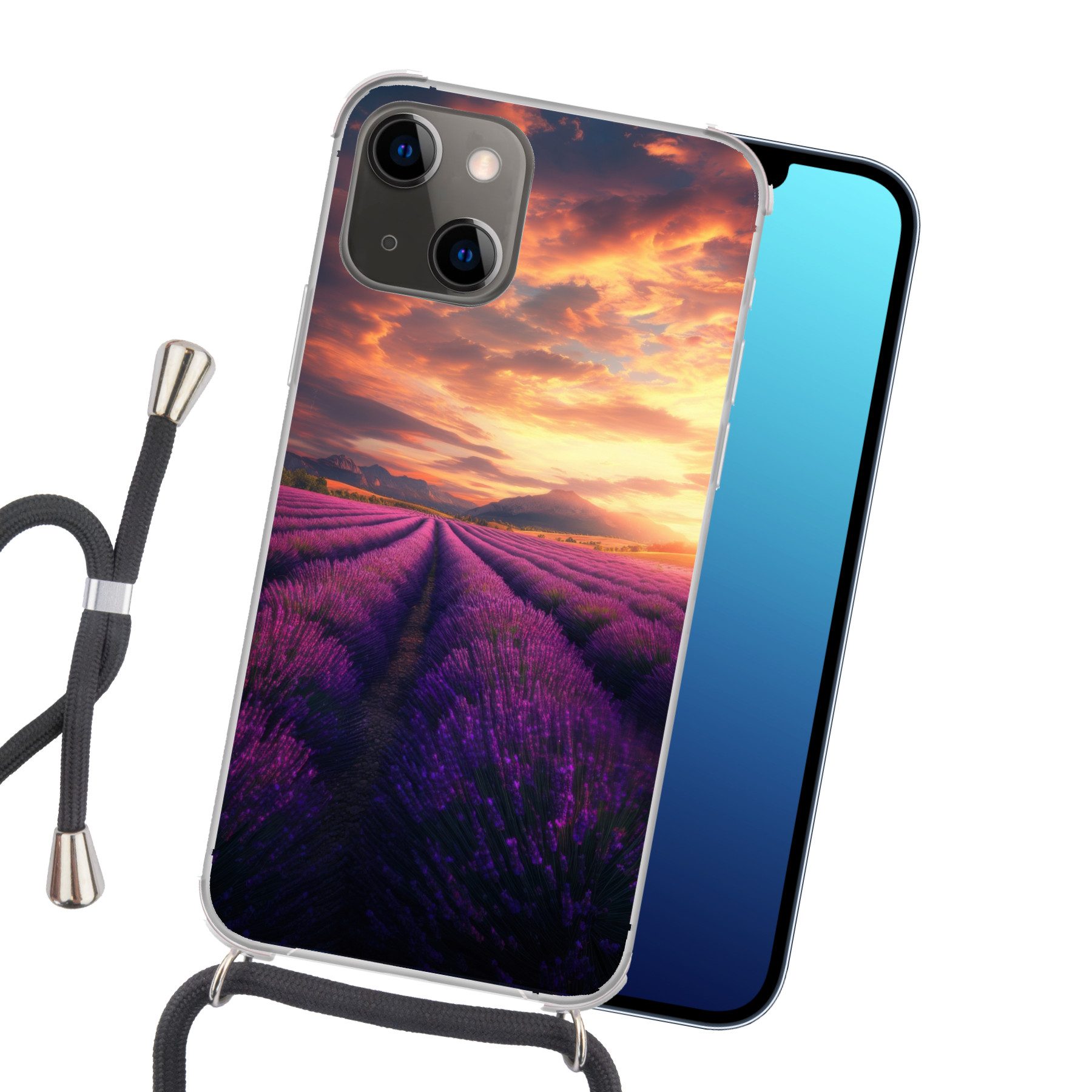 MuchoWow Handyhülle für Apple iPhone 13 Lavendelfeld - Sonnenuntergang - Lila, Tragbare Handyhüllen mit Kette zum umhängen, Handykette Handyband