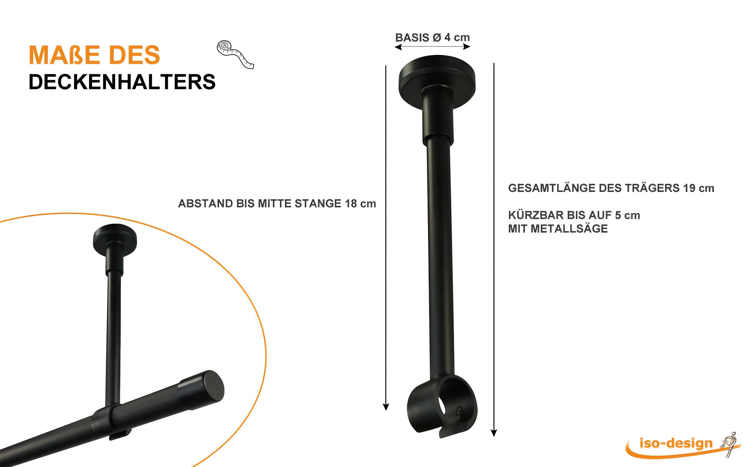 iso-design Gardinenstangenhalter Deckenträger für 20 mm Gardinenstangen großer Deckenabstand kürzbar, 20 mm, (1 Stück), Deckenabstand mit Metallsäge kürzbar – Bild 2 von 5