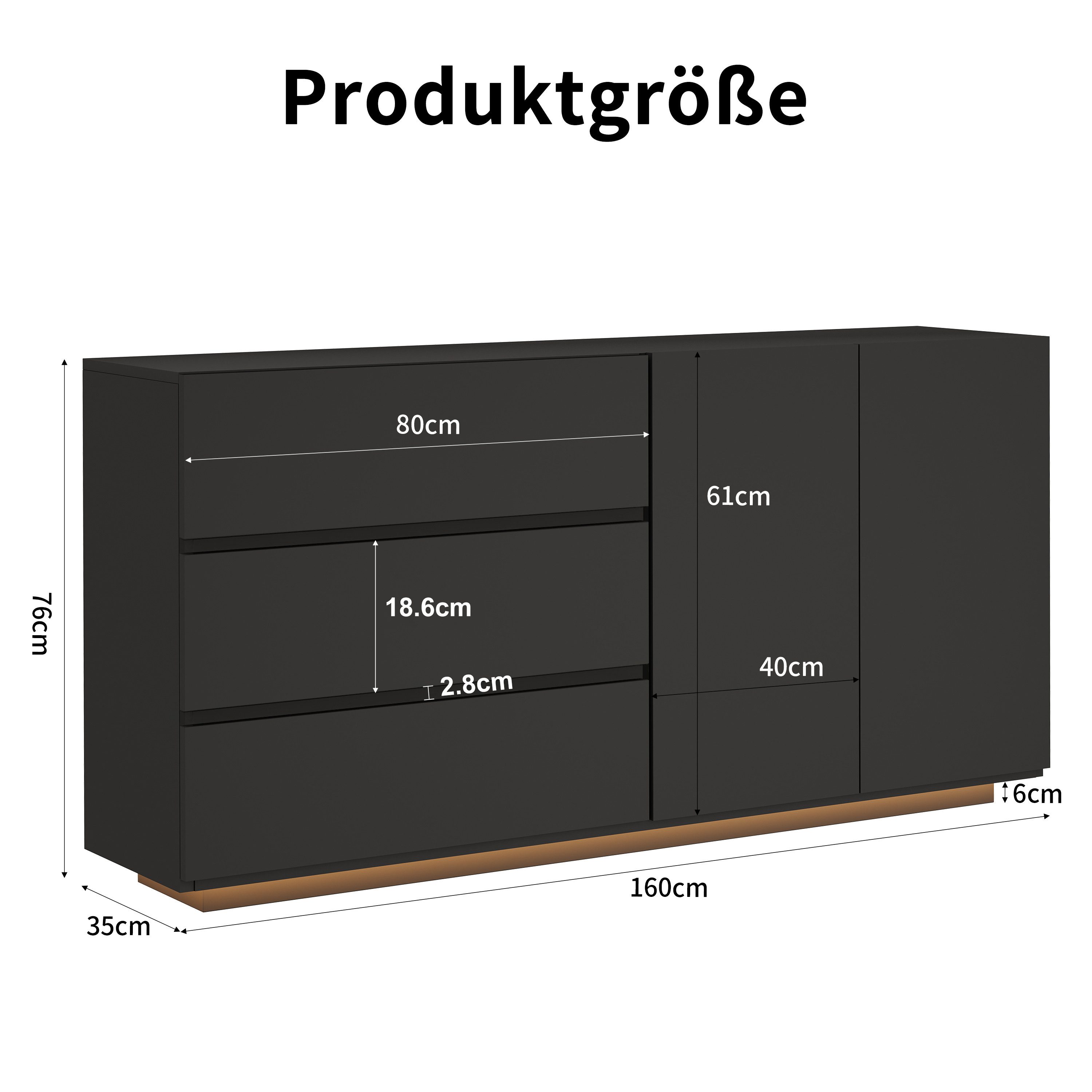 Furnishings Home Sideboard Mehrzweckschrank LED Hochglanz Buffetschrank, Breite 160 cm (1 St., Beistellschrank mit 2 Türen und 3 Schubladen), Mit LED-Beleuchtun – Bild 4 von 5