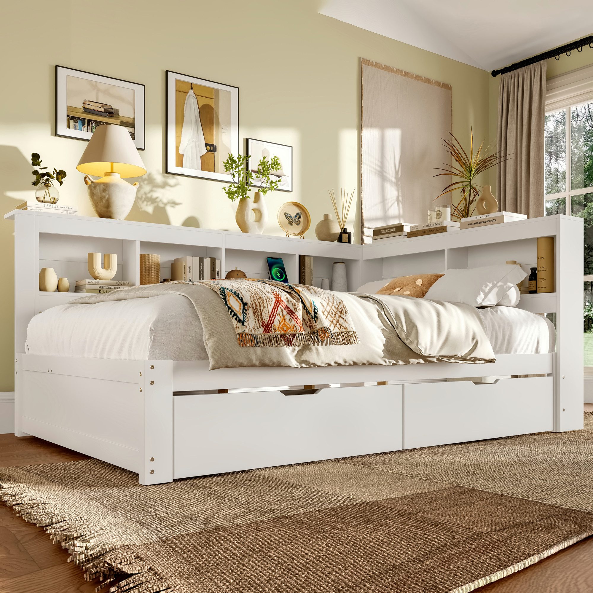 Merax Daybett mit Steckdose und 2 USB-Anschlüssen (Kiefer Sofabett Kinderbett Jugendbett, 1 tlg), Schlafsofa Tagesbett 140x200cm mit 2 Schubladen, Regale und St – Bild 4 von 5