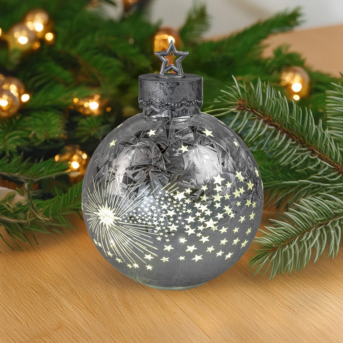 formano Dekofigur Deko-Kugel Silber-Frosty 32cm LED Licht Timer Beleuchtete Glaskugel
