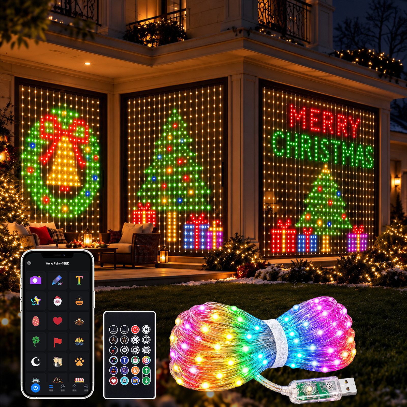 XIIW Lichtervorhang Vorhanglicht 400 LEDs Dynamisch Lichterkette 100+ Modi DIY RGB App/FB, 2×2m, IP44, Musik, für Weihnachten Party …