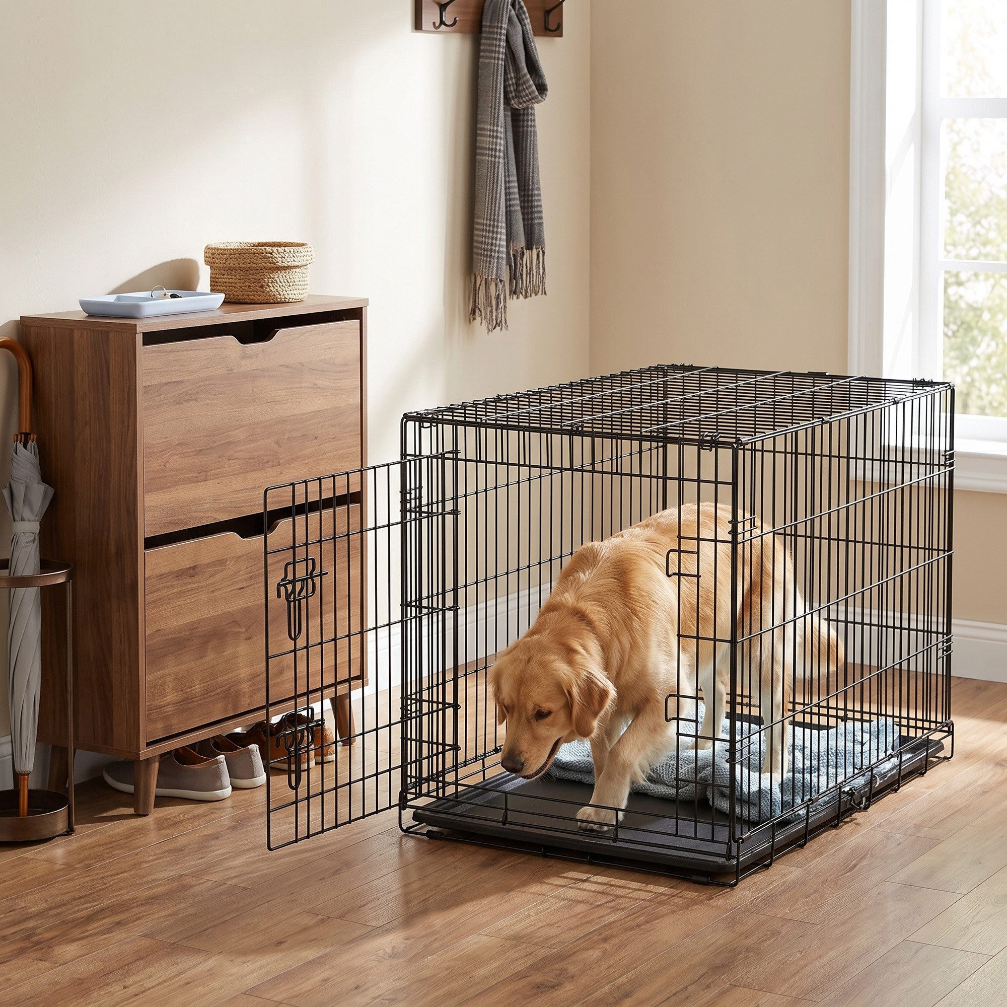 FEANDREA Tiertransportbox Faltbarer Hundekäfig mit Tür und Kunststoffschale, für mittelgroße Hunde von 10 bis 25 kg, 92,5 x 58,2 x 63,4 cm