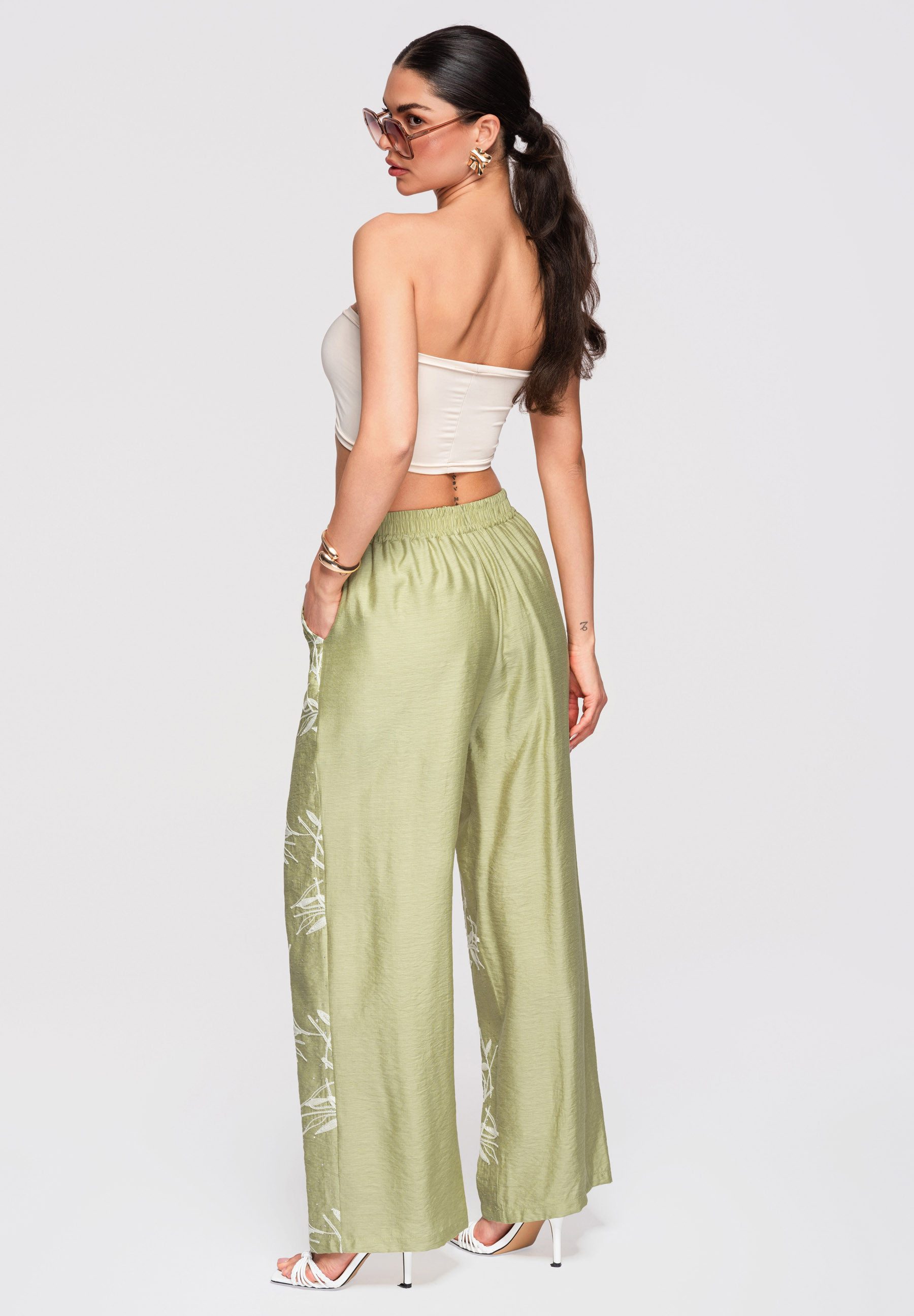 OMBRE Palazzohose Damen Palazzo-Hose Weites Bein Baumwolle Grün S (kein Set, 1-tlg) Elastischer Bund