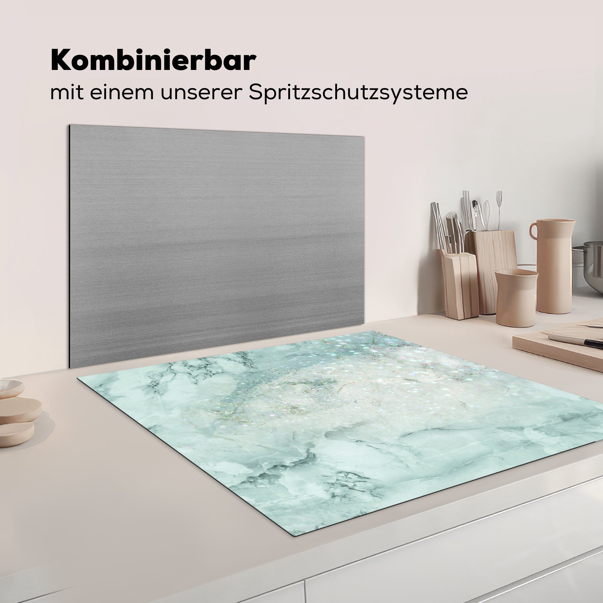 Marmor cm, Herdblende-/Abdeckplatte Vinyl, tlg), 78x78 (1 Arbeitsplatte Glitzer für Ceranfeldabdeckung, MuchoWow - Türkis, - küche