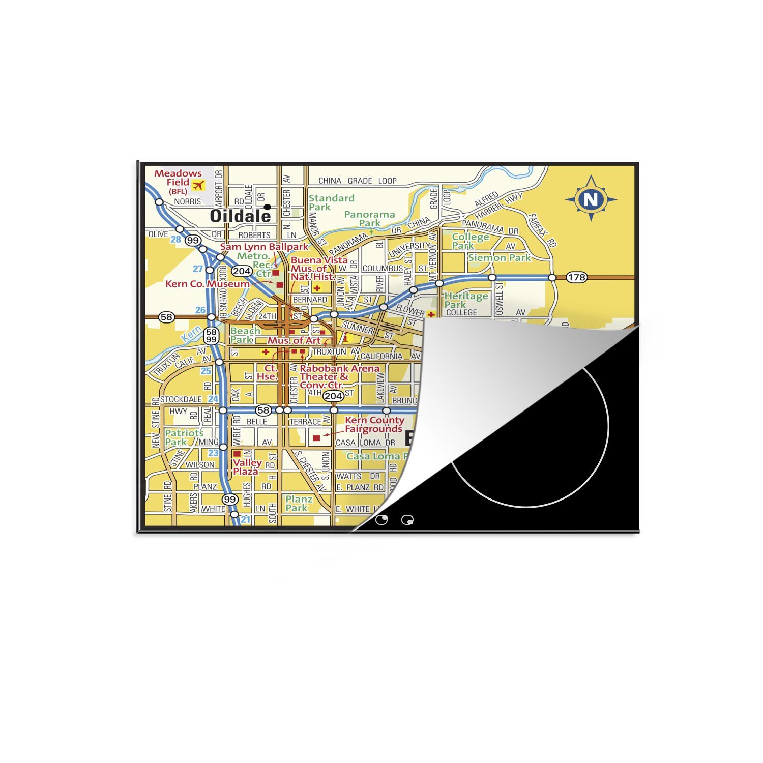 MuchoWow Herdblende-/Abdeckplatte Eine Illustration des Stadtplans von Bakersfield, Vinyl, (1 tlg), 60x52 cm, Mobile Arbeitsfläche nutzbar, Ceranfeldabdeckung