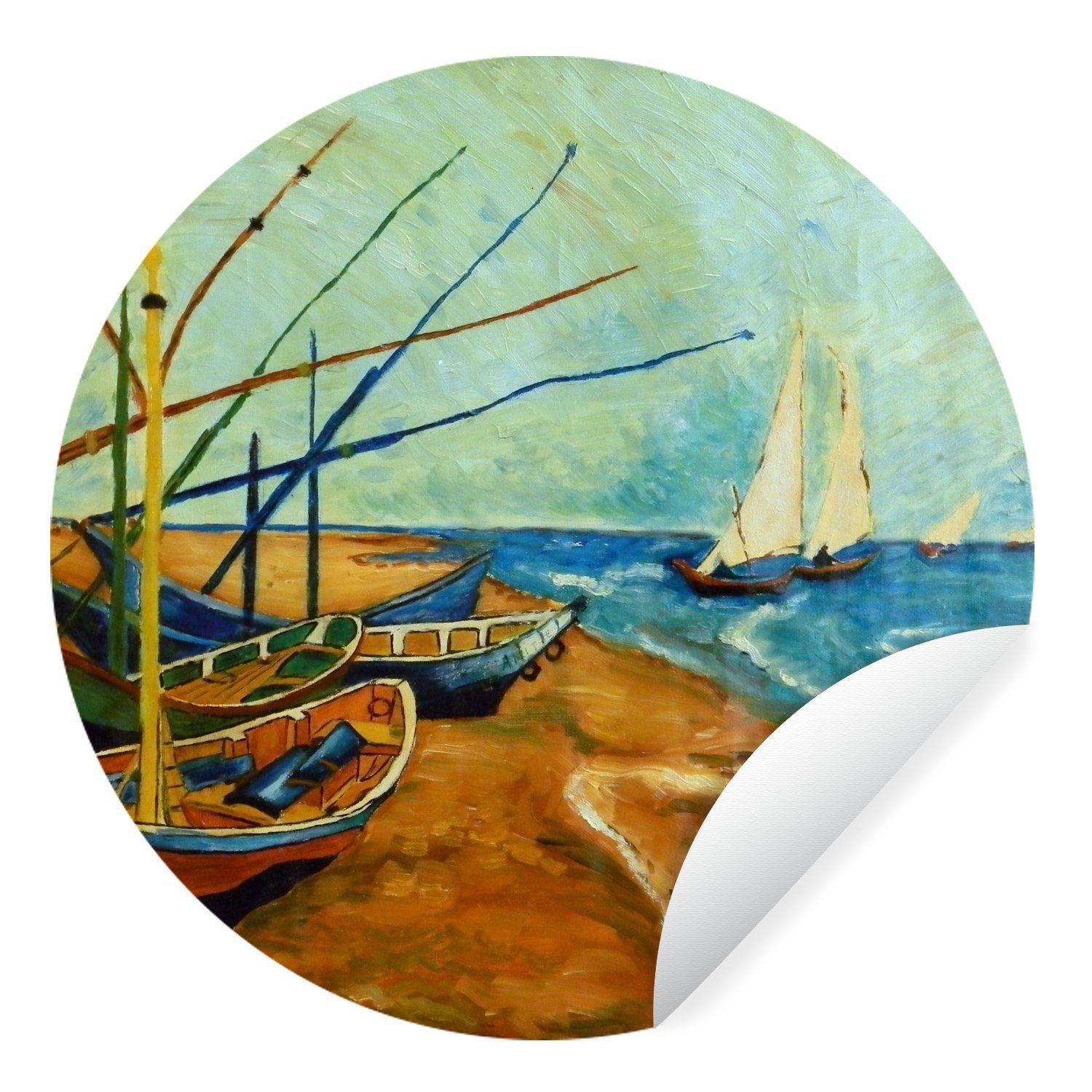 MuchoWow Wandsticker Fischerboote am Strand - Gemälde von Vincent van Gogh (1 St), Tapetenkreis für Kinderzimmer, Tapetenaufkleber, Rund, Wohnzimmer