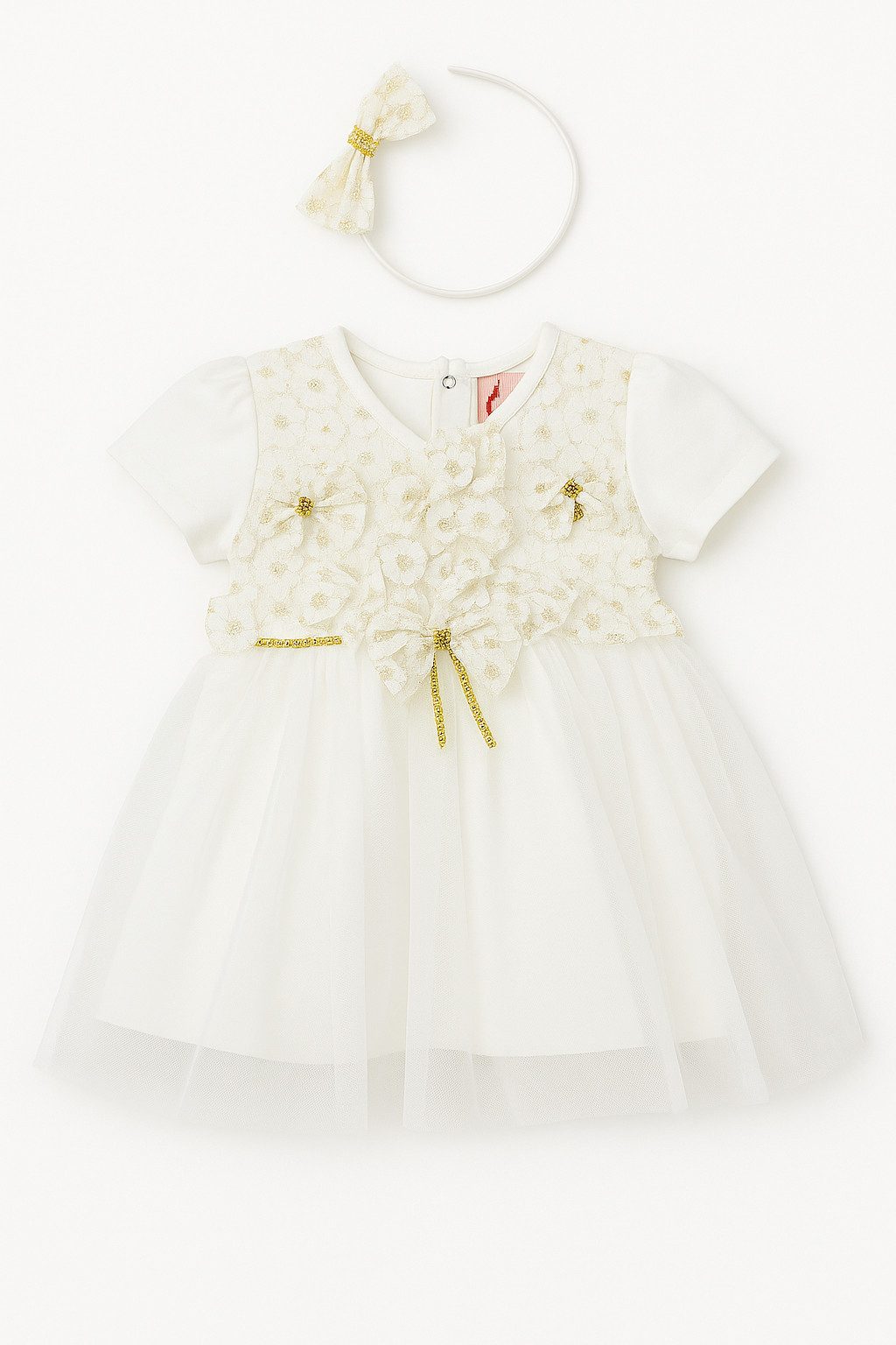 Taufkleid Prinzessin Kleid mit Haarreif, Party Kleid, 100% Baumwolle, Weiß