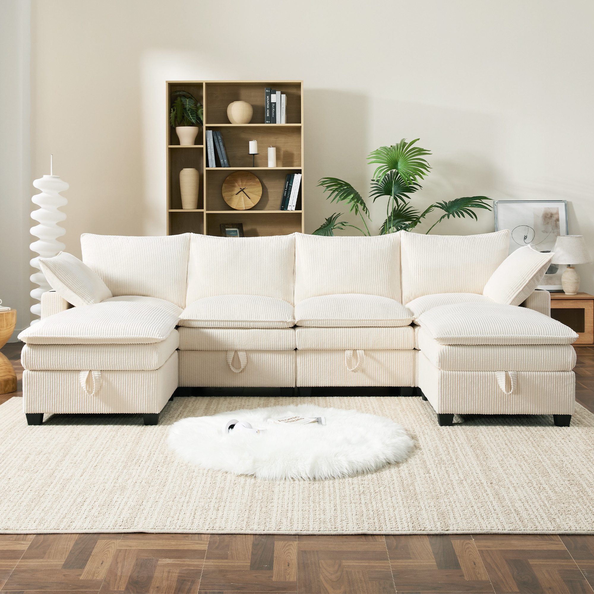 i@home Ecksofa 6-Sitzer-Sofa, L-förmiges Sofa, mit Abnehmbarem Hocker, USB-Anschlüssen und Getränkehaltern, grau/weiß